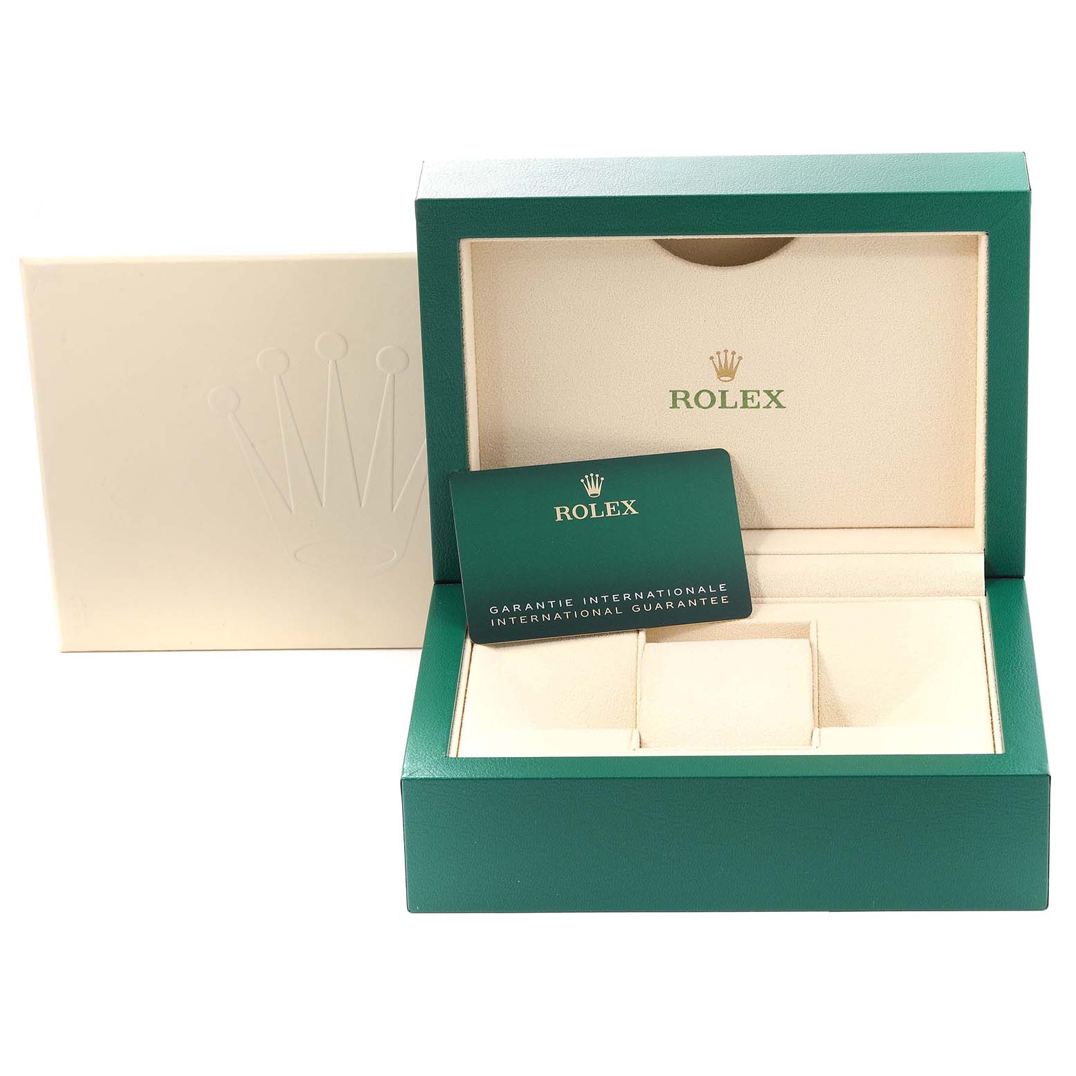 The image shows a Rolex GMT-Master 126710BLRO Men
s Stainless Steel Black Dial 126710BLRO Men
s Stainless Steel Black Dial watch box and international guarantee card, viewed from the front.