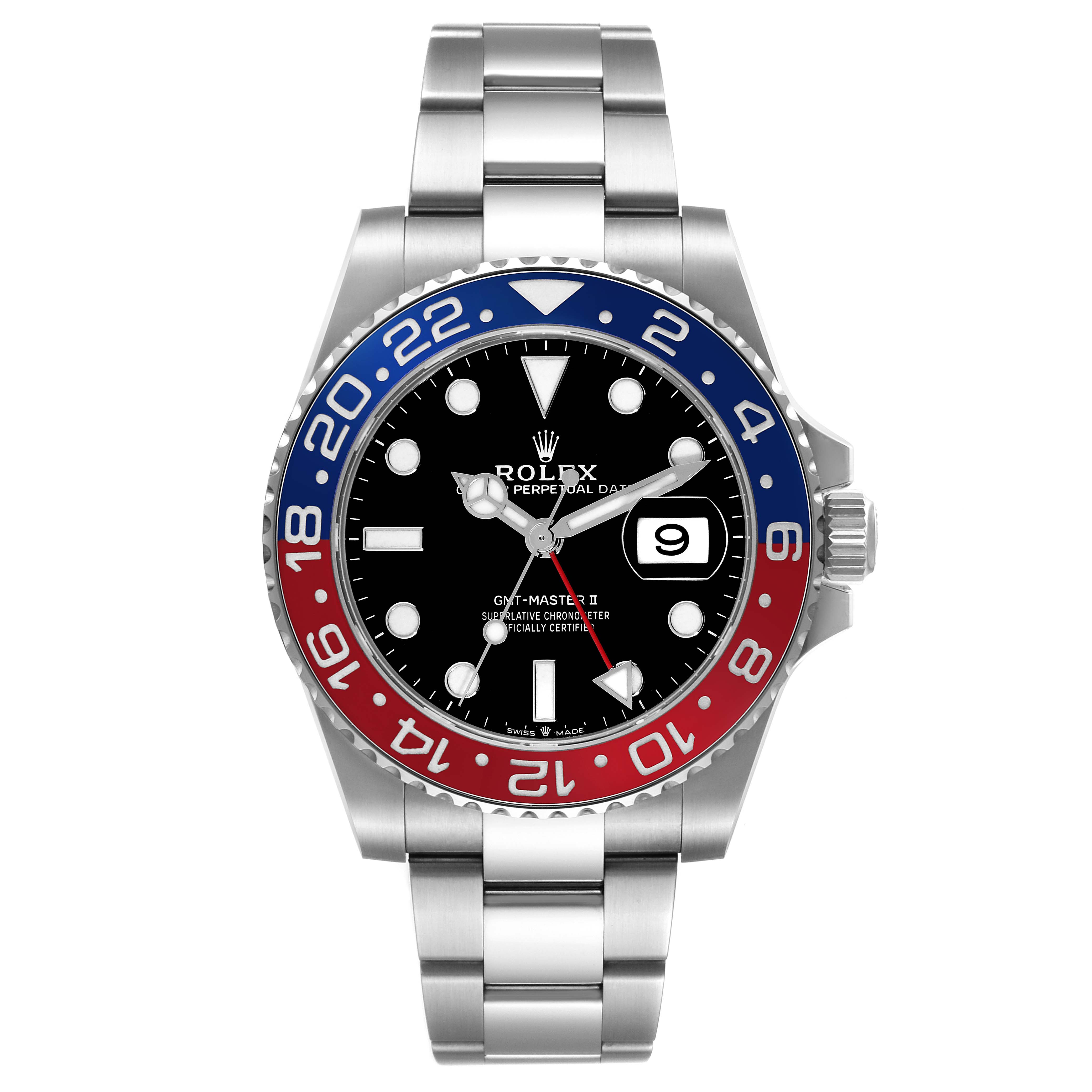 The image shows a front view of a Rolex GMT-Master 126710BLRO Men
s Stainless Steel Black Dial 126710BLRO Men
s Stainless Steel Black Dial watch with a blue and red bezel and stainless steel bracelet.