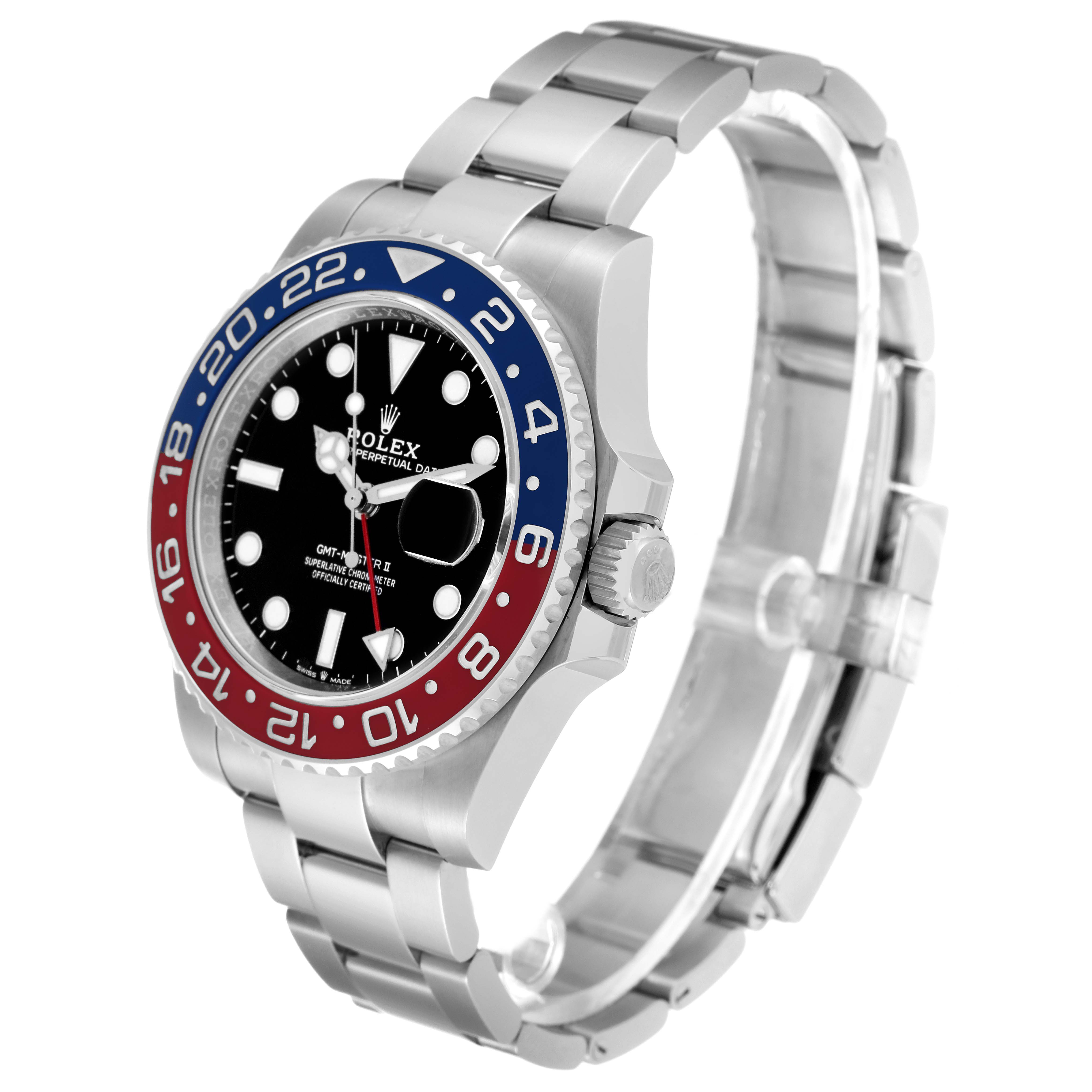 The image shows a side angle of the Rolex GMT-Master 126710BLRO Men
s Stainless Steel Black Dial 126710BLRO Men
s Stainless Steel Black Dial watch, displaying its bezel, bracelet, and crown.