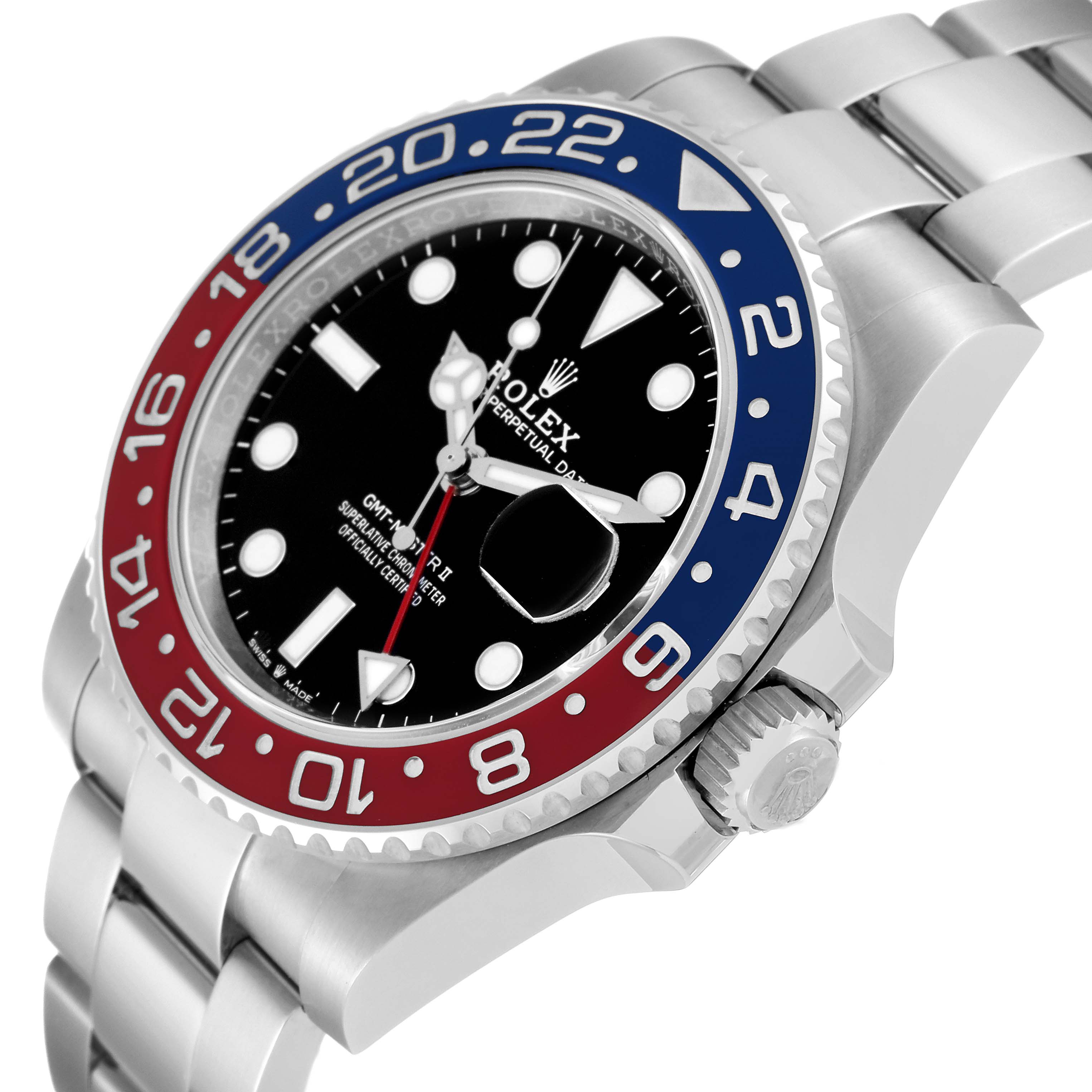 The image shows a side angle of the Rolex GMT-Master 126710BLRO Men
s Stainless Steel Black Dial 126710BLRO Men
s Stainless Steel Black Dial with its bezel, dial, and partially visible bracelet.