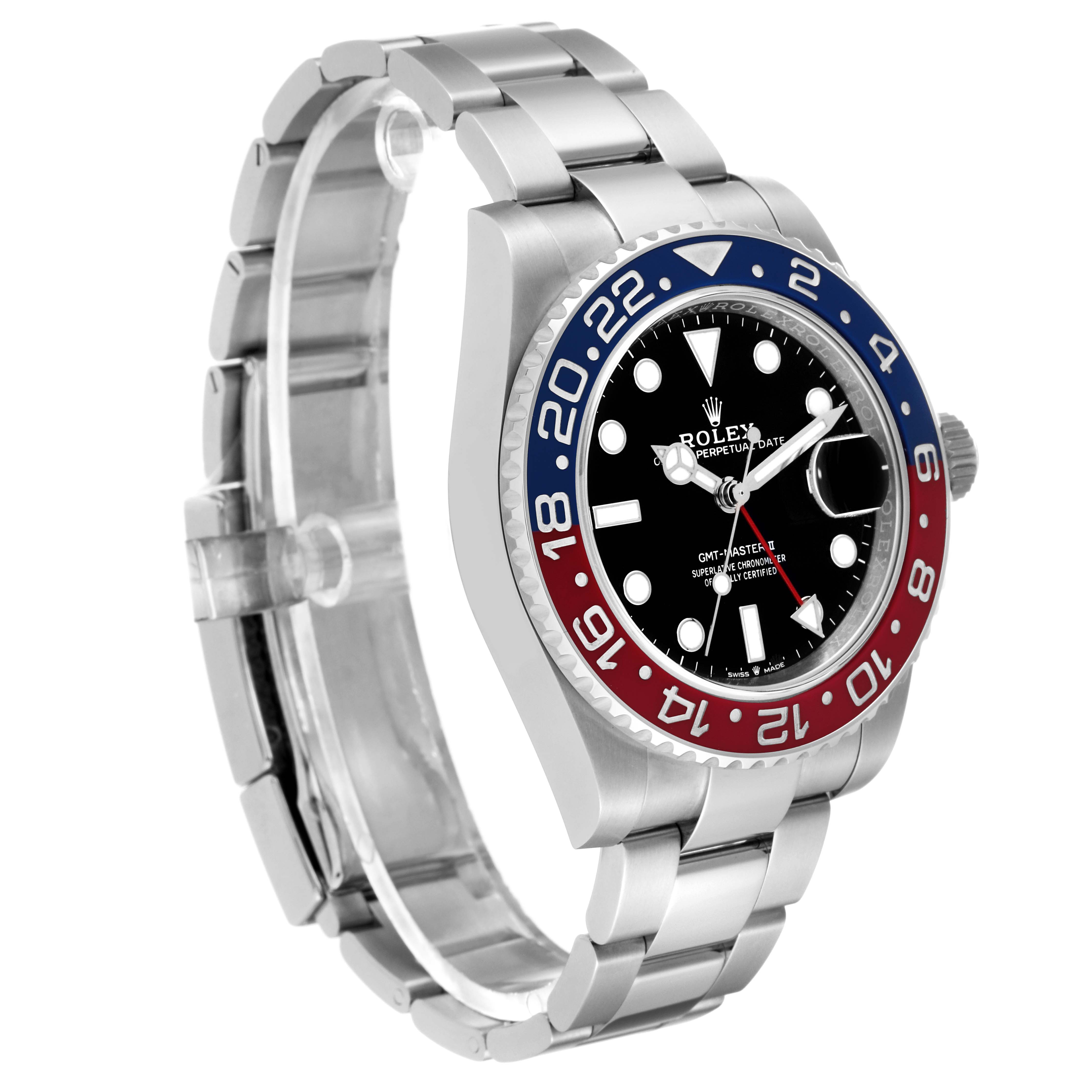 The Rolex GMT-Master 126710BLRO Men
s Stainless Steel Black Dial 126710BLRO Men
s Stainless Steel Black Dial watch is shown at a front-side angle, displaying the face, bezel, crown, and part of the bracelet.
