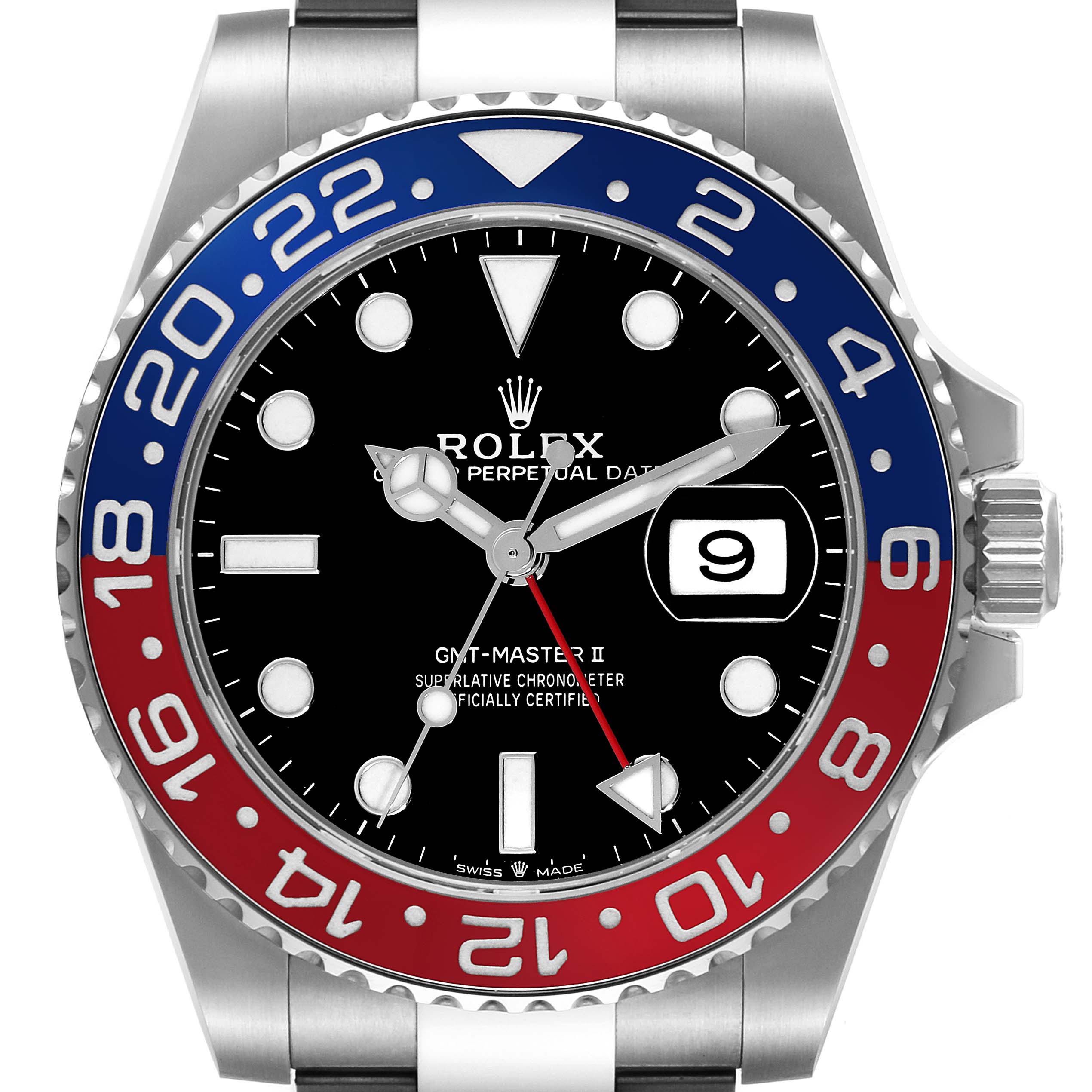 This image shows the face of a Rolex GMT-Master 126710BLRO Men
s Stainless Steel Black Dial 126710BLRO Men
s Stainless Steel Black Dial II watch with a "Pepsi" bezel, displaying the dial, hands, date window, and crown.