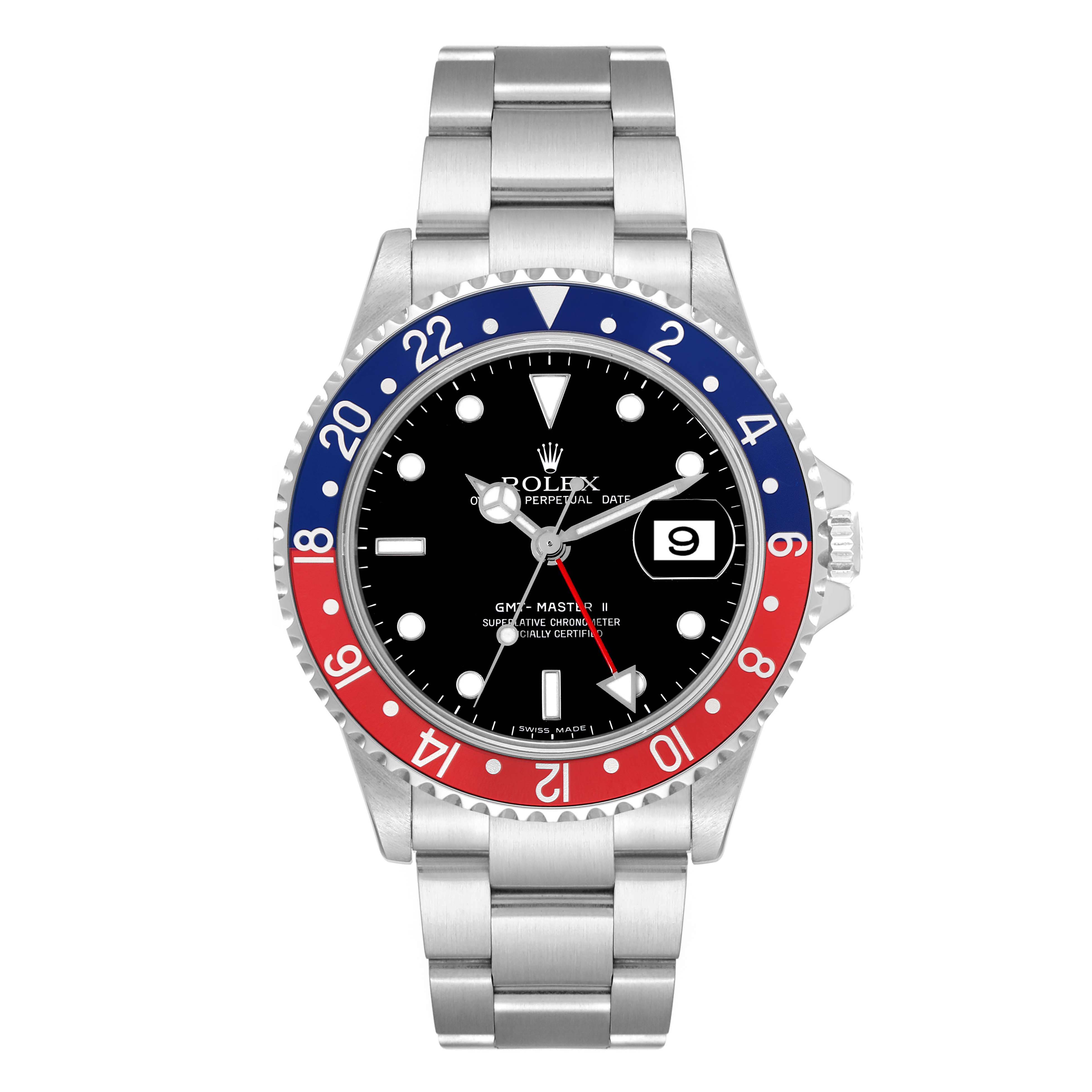 The Rolex GMT-Master 16710 Men's Stainless Steel Black Dial 16710 Men's Stainless Steel Black Dial watch is shown at a straight-on angle, highlighting its bezel, dial, hands, date, and bracelet.