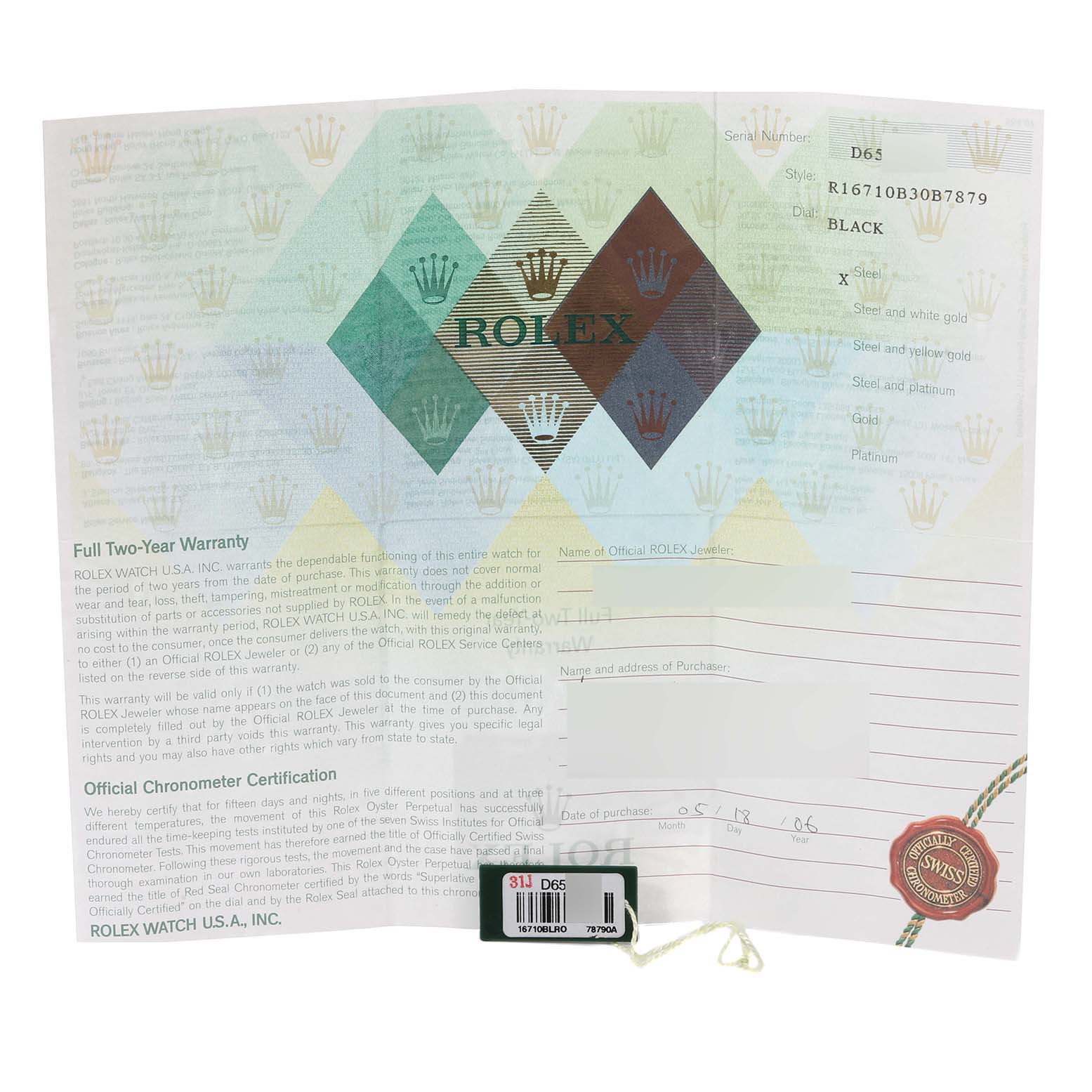 This image shows the official warranty and certification papers for a Rolex GMT-Master 16710 Men's Stainless Steel Black Dial 16710 Men's Stainless Steel Black Dial watch.