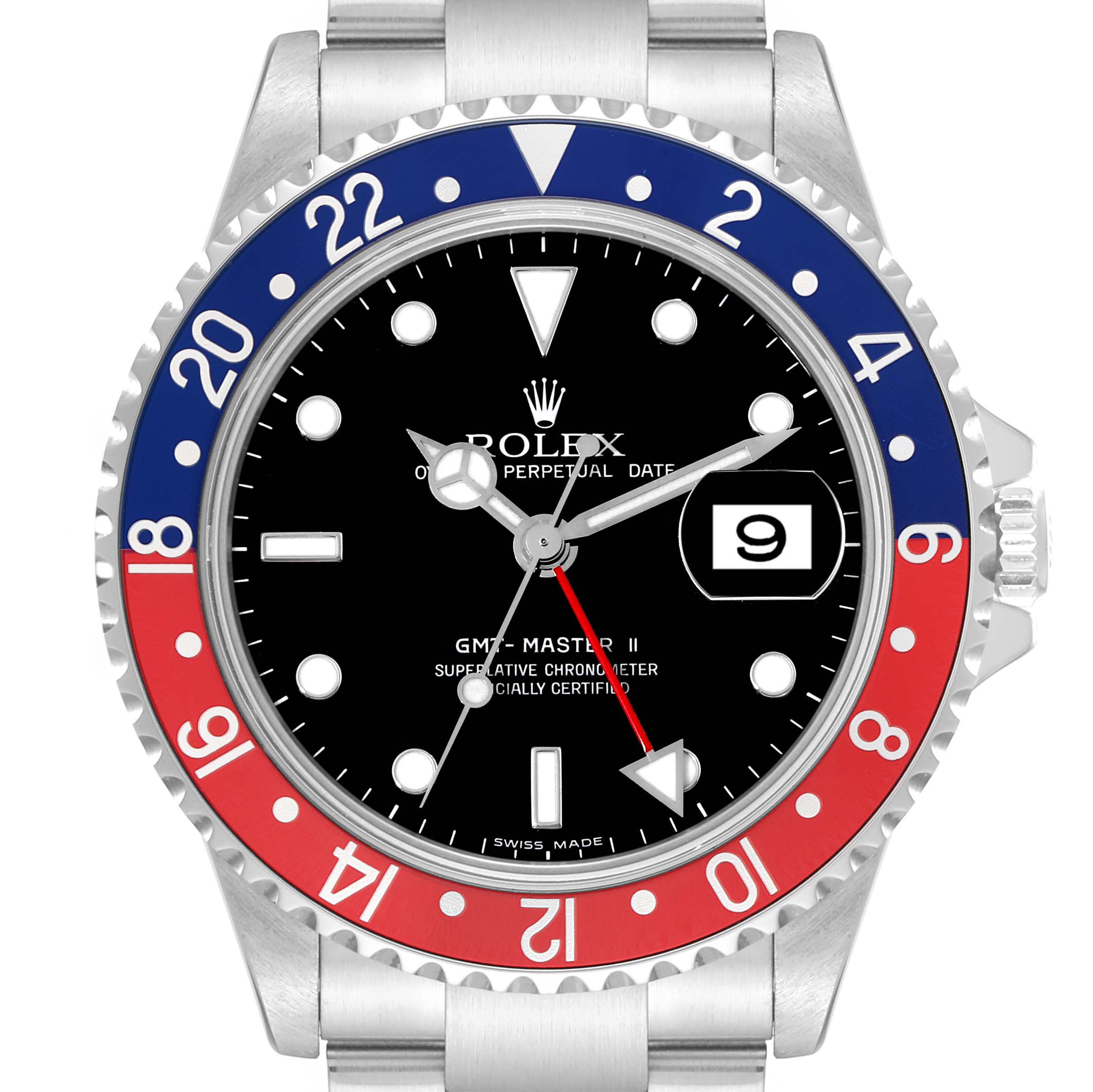 The Rolex GMT-Master 16710 Men's Stainless Steel Black Dial 16710 Men's Stainless Steel Black Dial watch is shown from a front angle, displaying the bezel, dial, and hands.