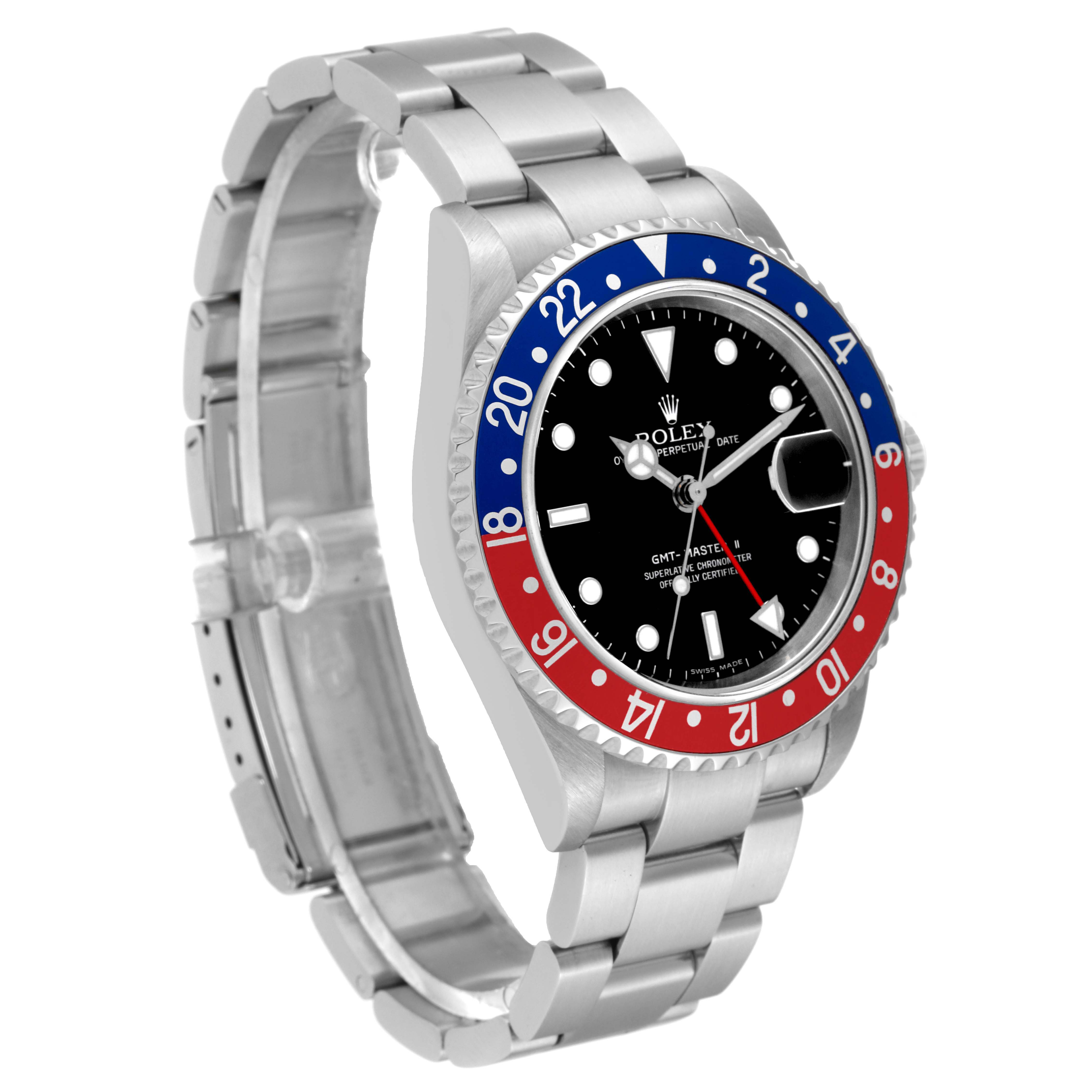 The image shows a Rolex GMT-Master 16710 Men's Stainless Steel Black Dial 16710 Men's Stainless Steel Black Dial watch from a front angle, featuring its distinctive red and blue bezel.