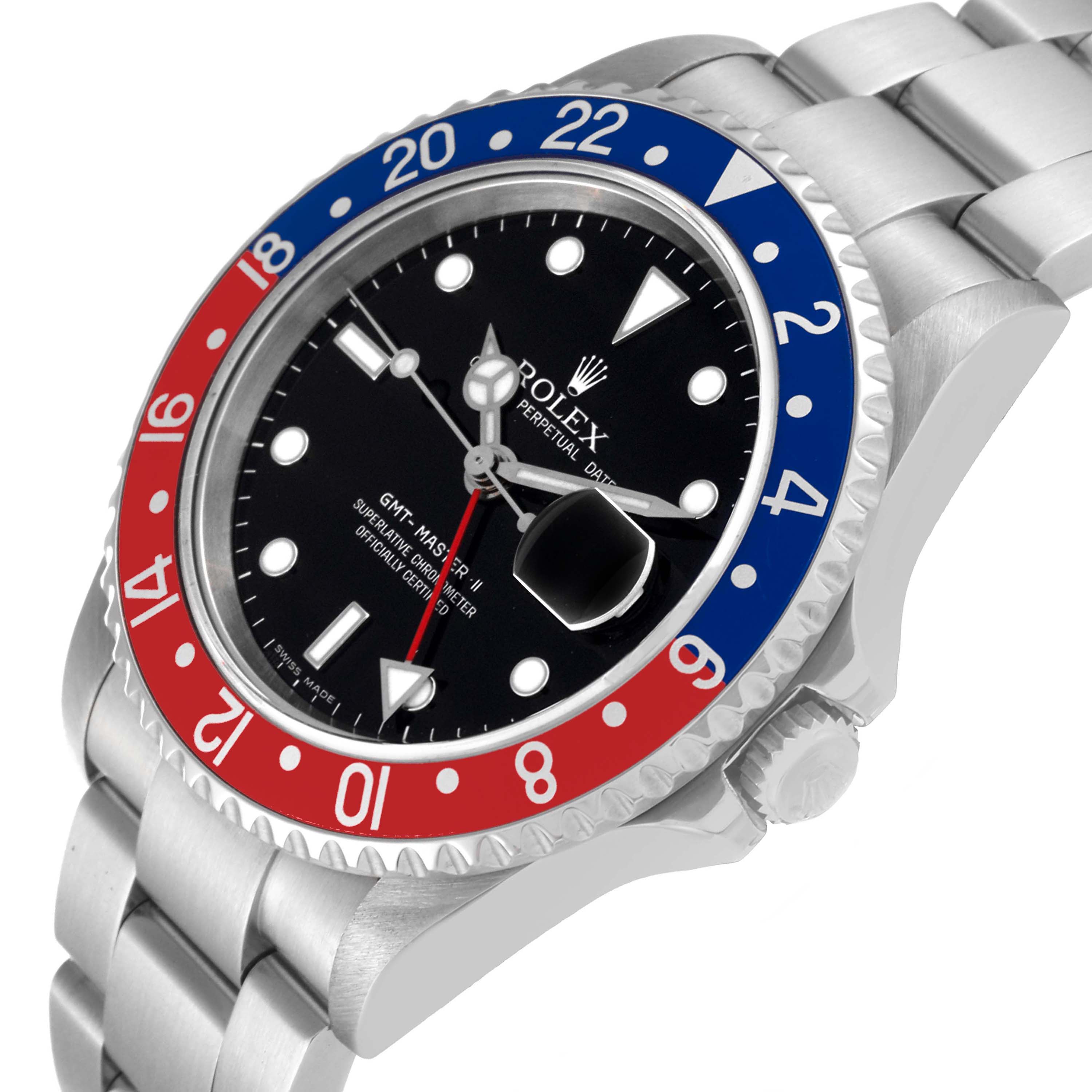 The Rolex GMT-Master 16710 Men's Stainless Steel Black Dial 16710 Men's Stainless Steel Black Dial watch is shown from a slight side angle, highlighting its bezel, dial, and bracelet.