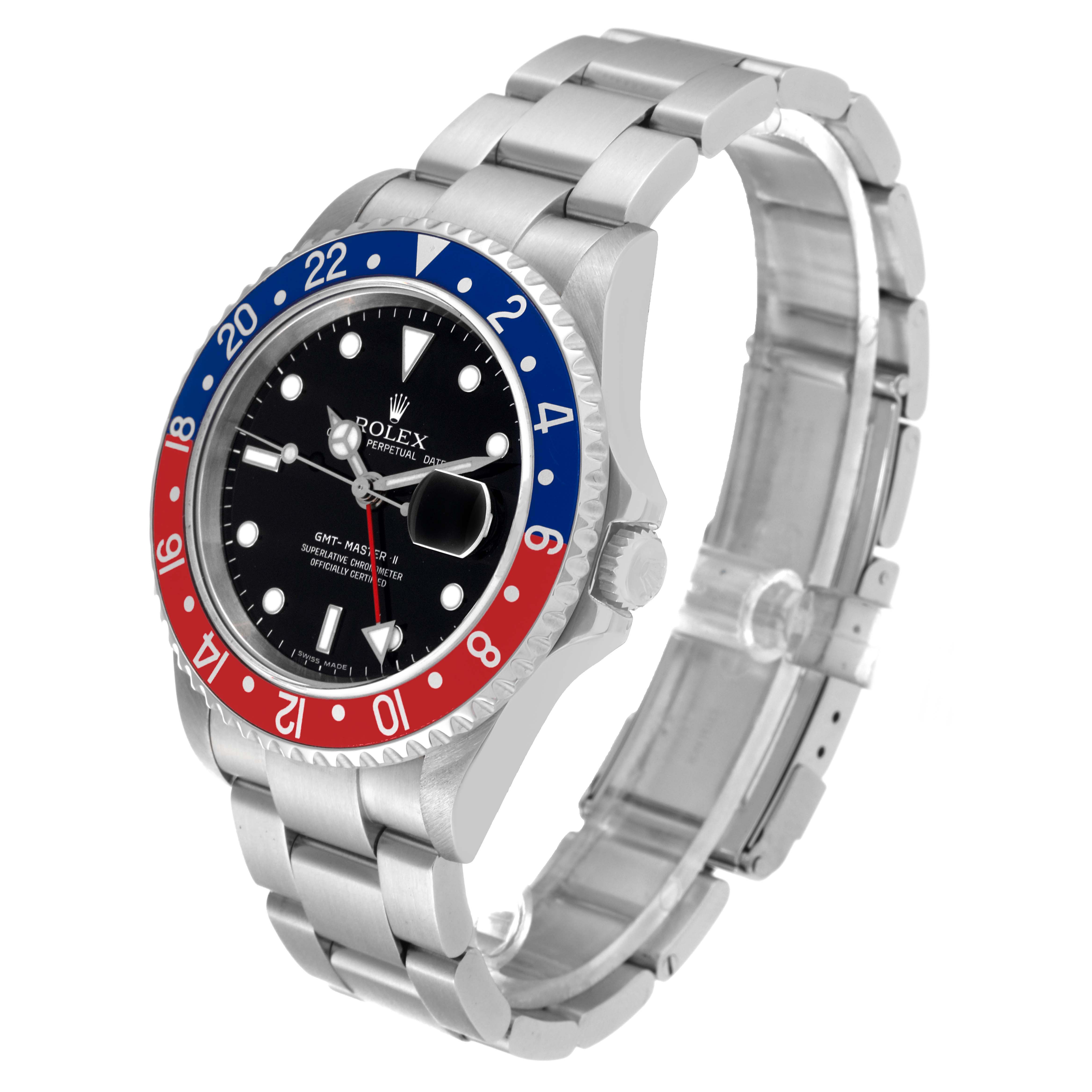 The image shows a Rolex GMT-Master 16710 Men's Stainless Steel Black Dial 16710 Men's Stainless Steel Black Dial watch at a three-quarter angle, displaying the bezel, dial, case, and bracelet.