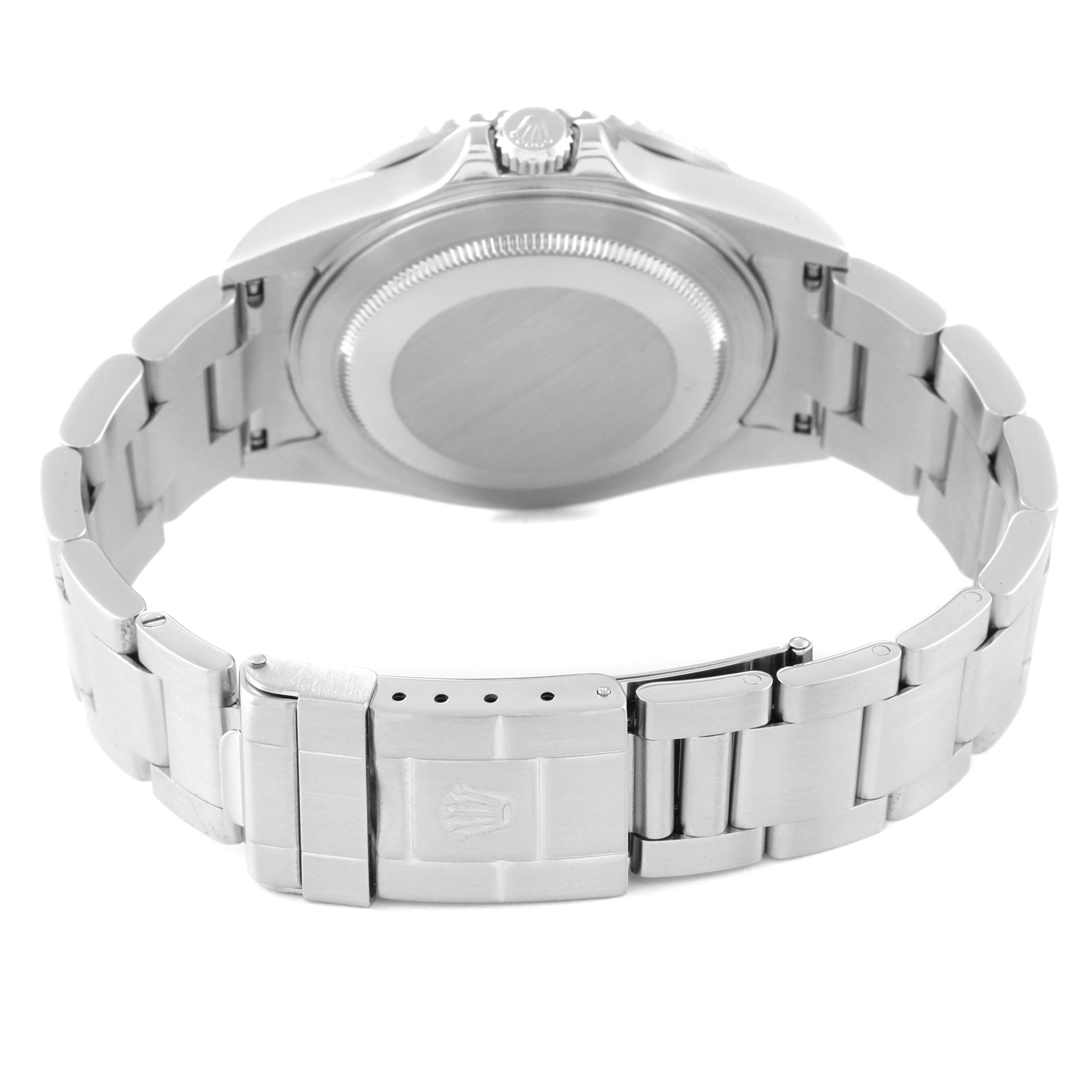 The image shows the back view of a Rolex GMT-Master 16710 Men's Stainless Steel Black Dial 16710 Men's Stainless Steel Black Dial watch, featuring the clasp, case back, and bracelet.