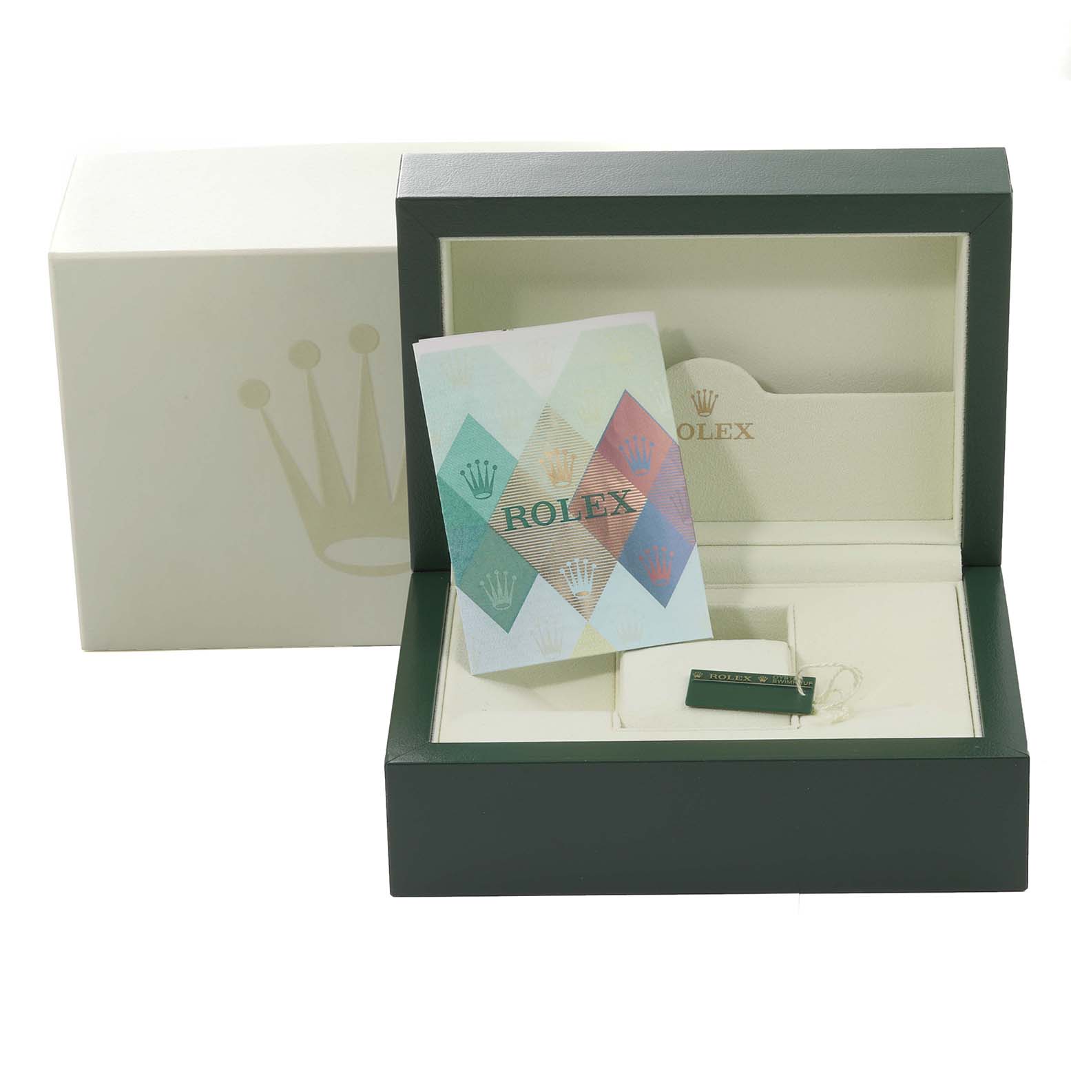 The image shows the packaging and accessories of a Rolex GMT-Master 16710 Men's Stainless Steel Black Dial 16710 Men's Stainless Steel Black Dial watch, including the box, booklet, and tag.