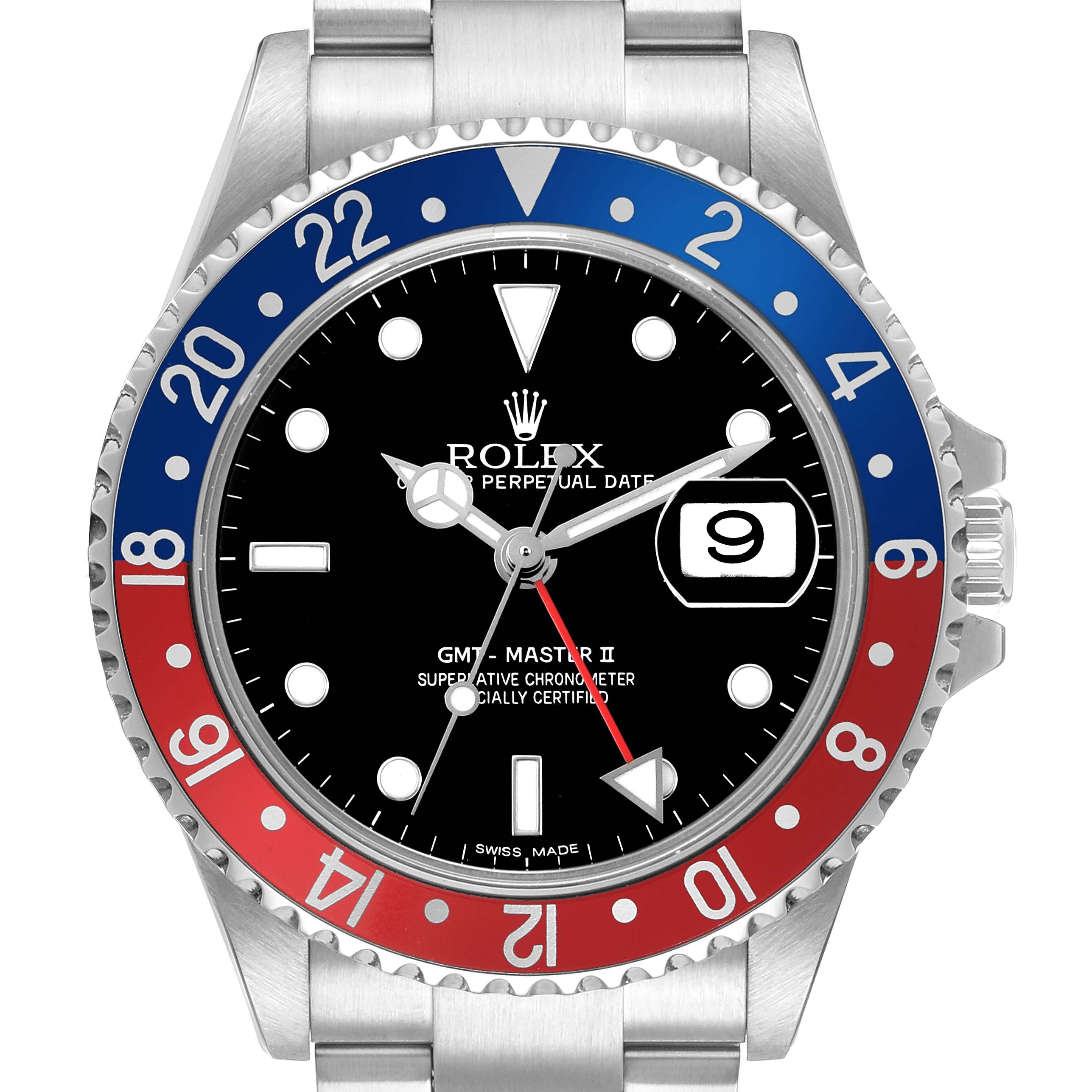 The Rolex GMT-Master 16710 Men's Stainless Steel Black Dial watch is shown from a front angle, highlighting the bezel, dial, and date window.