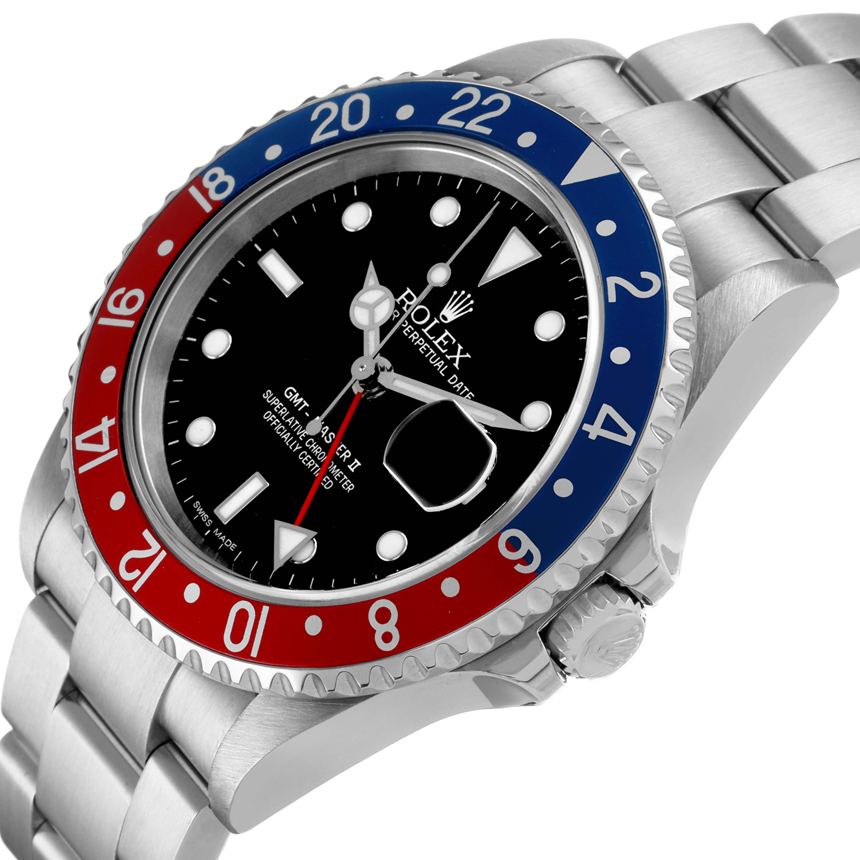 The Rolex GMT-Master 16710 Men's Stainless Steel Black Dial watch is shown at an angle highlighting the bezel, face, crown, and part of the bracelet.