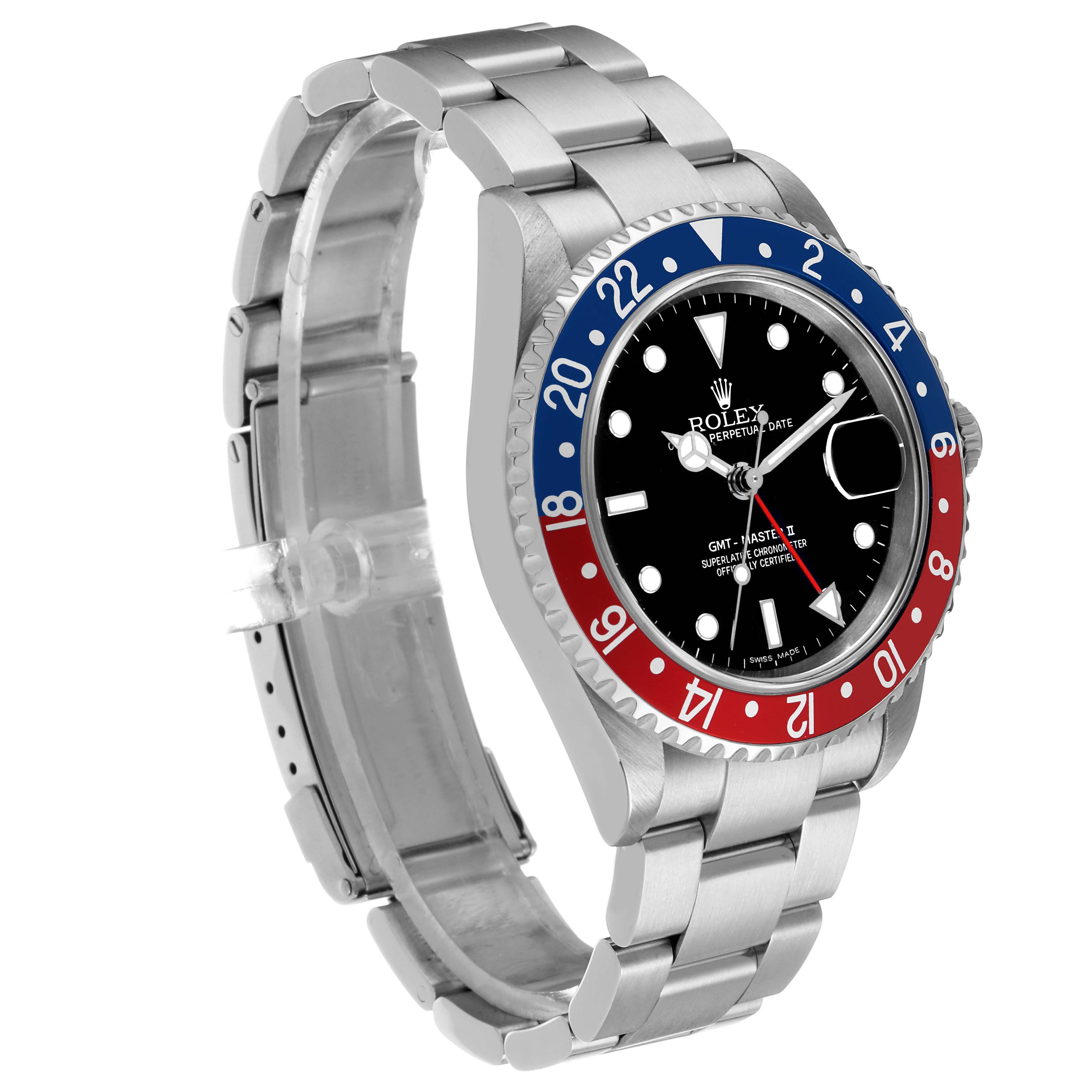 The Rolex GMT-Master 16710 Men's Stainless Steel Black Dial is shown from a three-quarter angle, displaying the dial, bezel, and partial bracelet links.