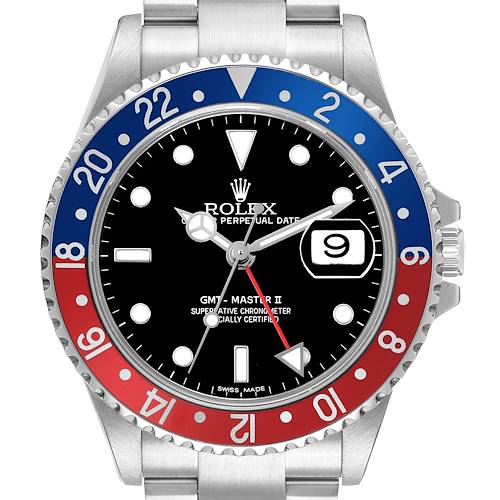 The image shows a top-down view of the Rolex GMT-Master 16710 Men's Stainless Steel Black Dial II, highlighting the dial, bezel, and part of the bracelet.