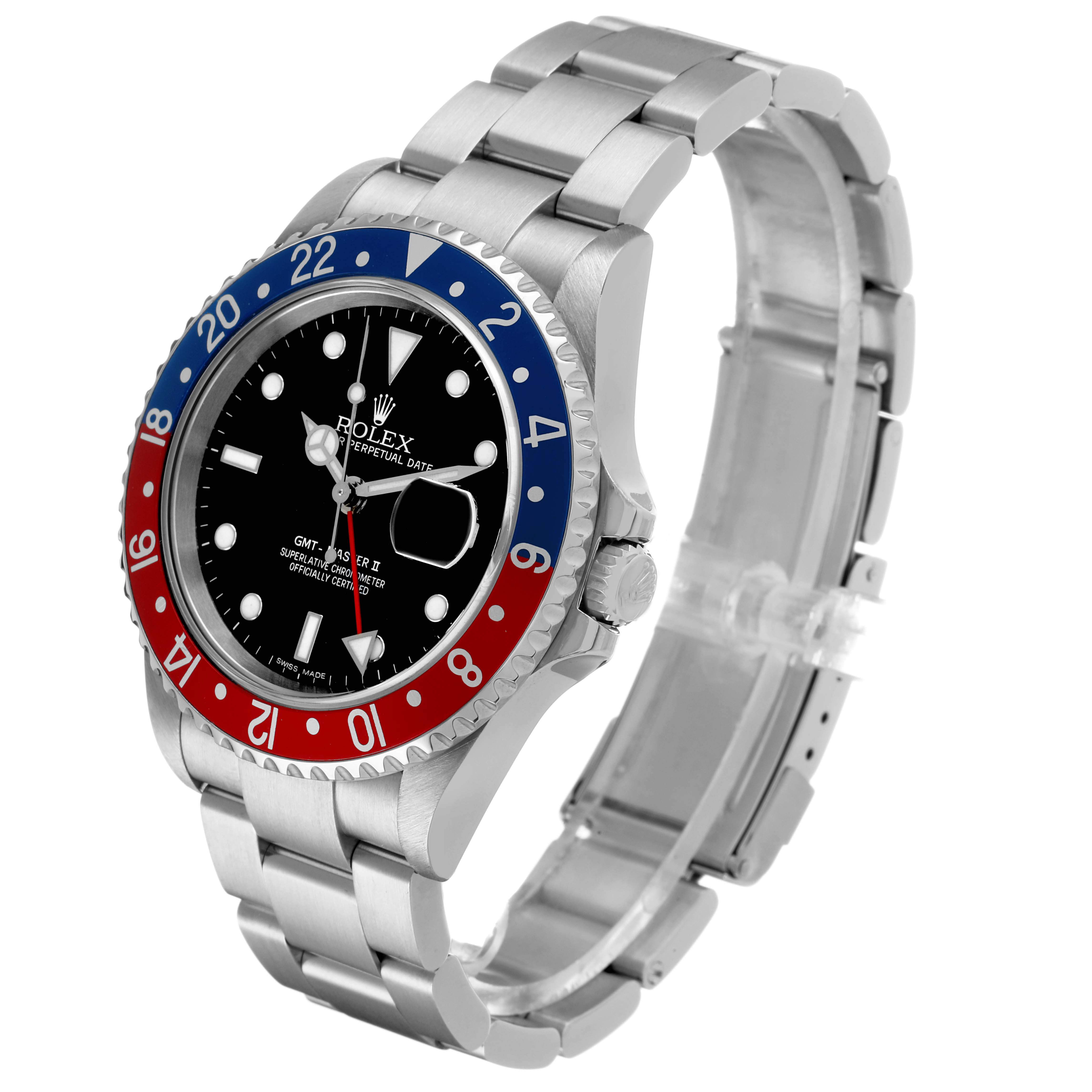 The Rolex GMT-Master 16710 Men's Stainless Steel Black Dial watch is displayed at a three-quarter angle, showing the bezel, dial, bracelet, and clasp.