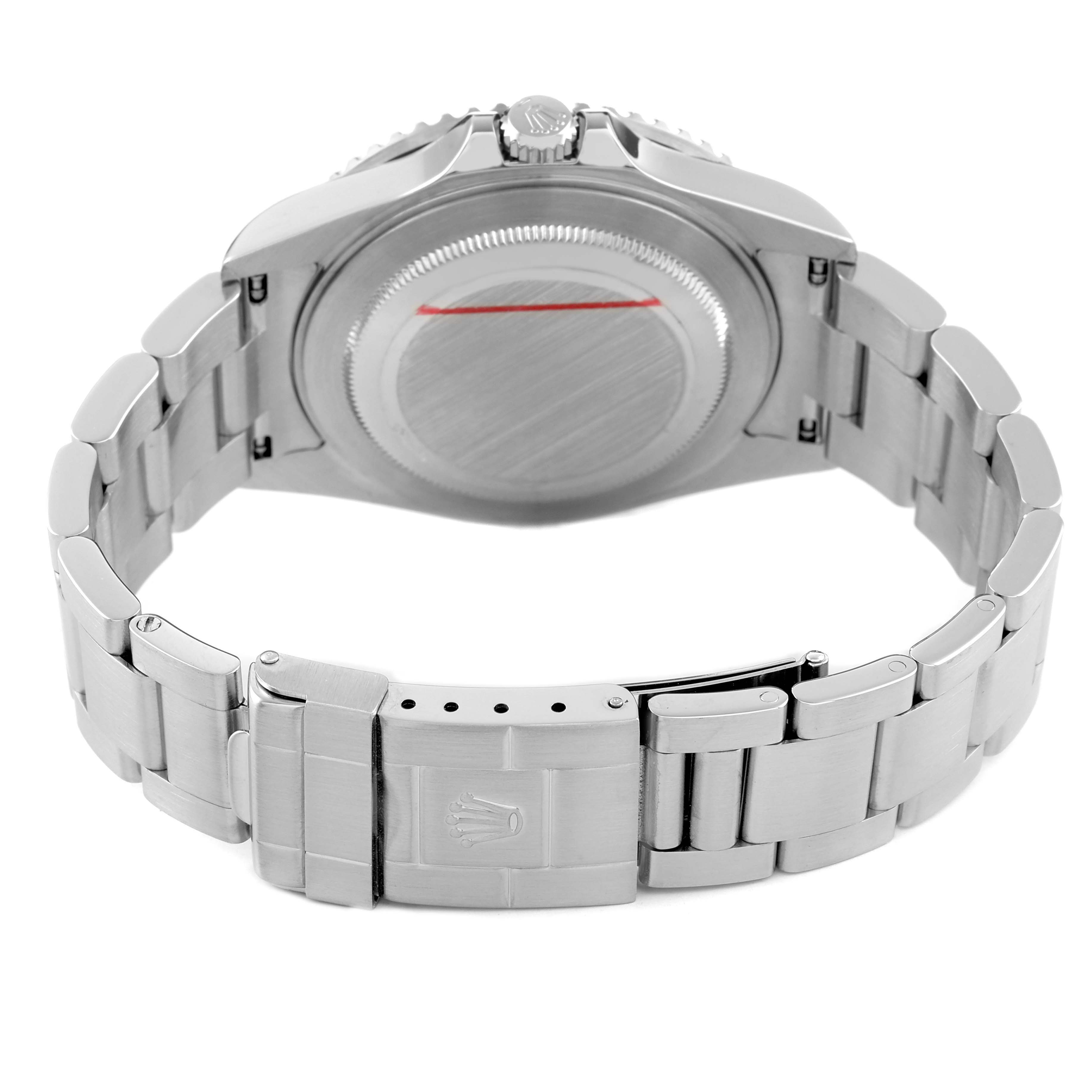 The image shows the back case and bracelet of a Rolex GMT-Master 16710 Men's Stainless Steel Black Dial watch from a rear angle.