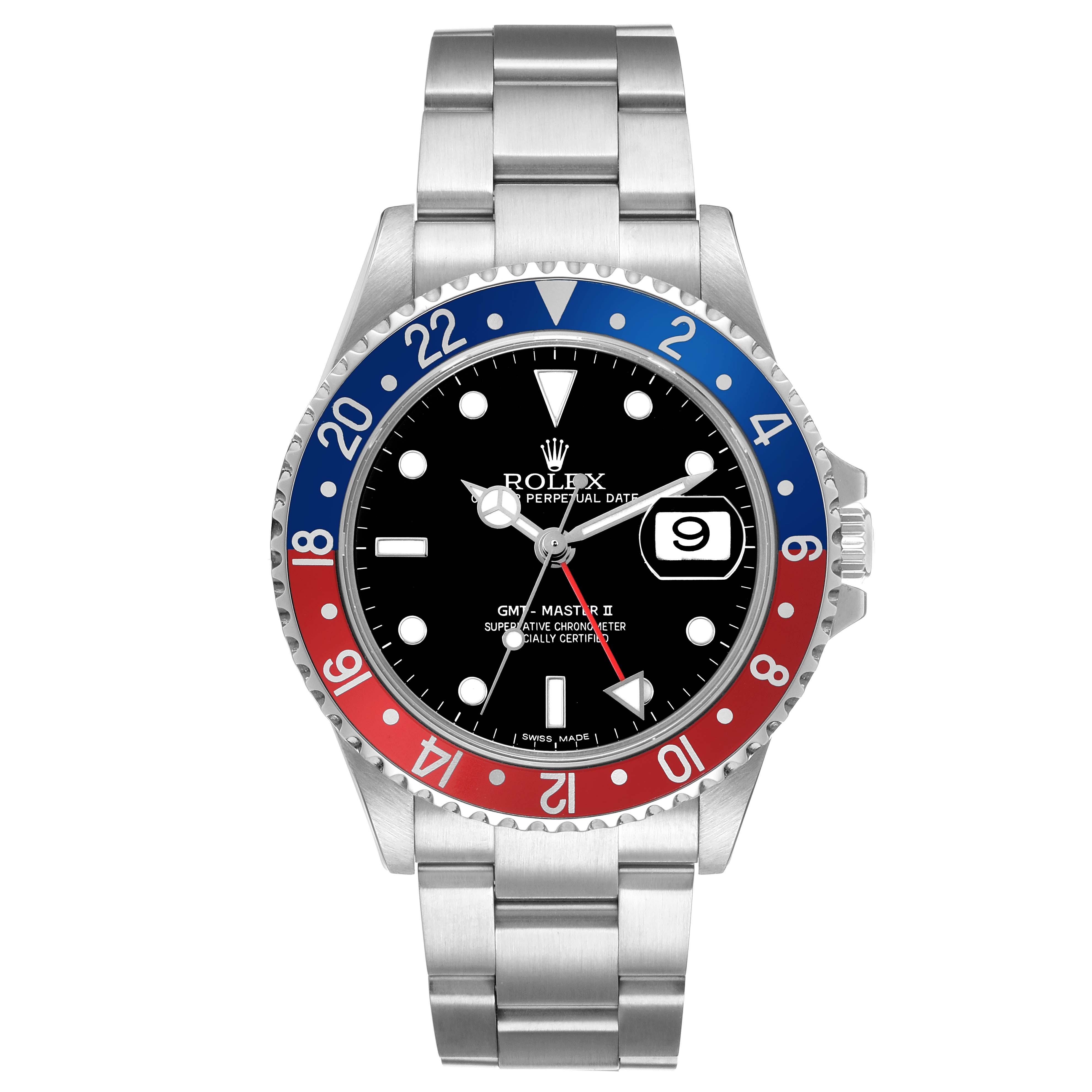 The Rolex GMT-Master 16710 Men's Stainless Steel Black Dial watch is shown from the front, highlighting its bezel, dial, crown, and bracelet.