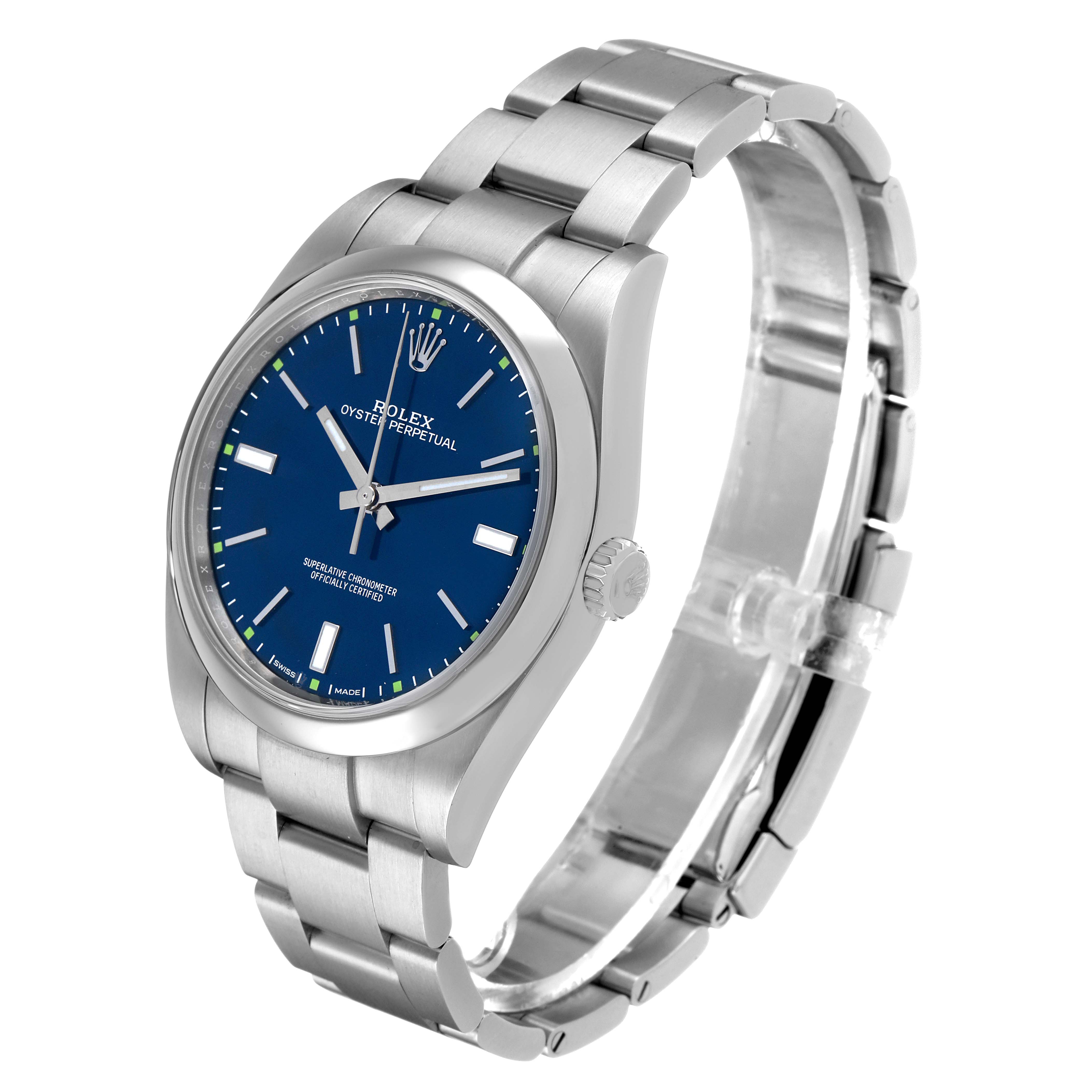 The image shows a Rolex Oyster Perpetual 114300 Men's Stainless Steel Blue Dial watch angled to display the dial, case, and bracelet prominently.