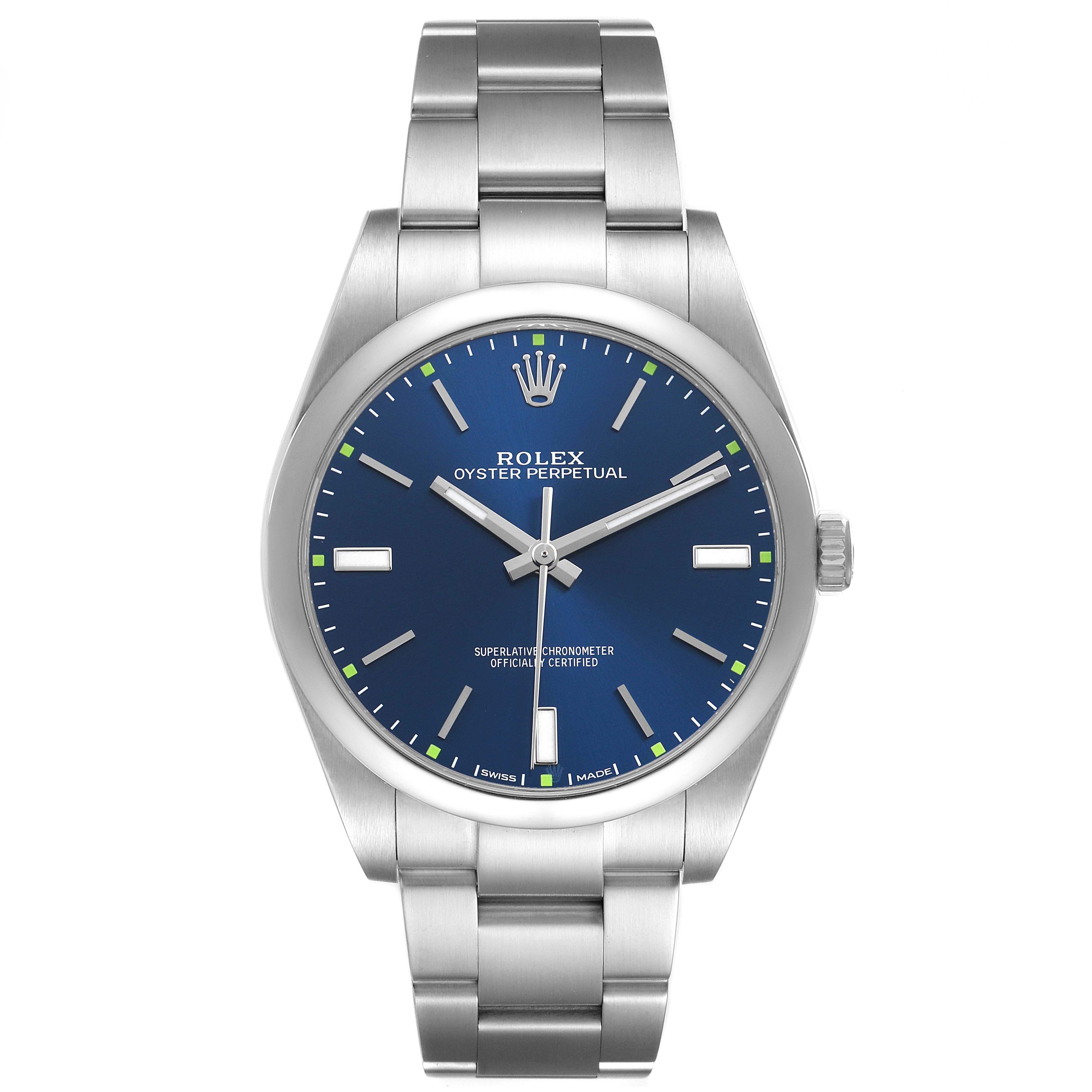 The Rolex Oyster Perpetual 114300 Men's Stainless Steel Blue Dial watch is shown from the front, displaying the face, hands, bezel, crown, and part of the bracelet.