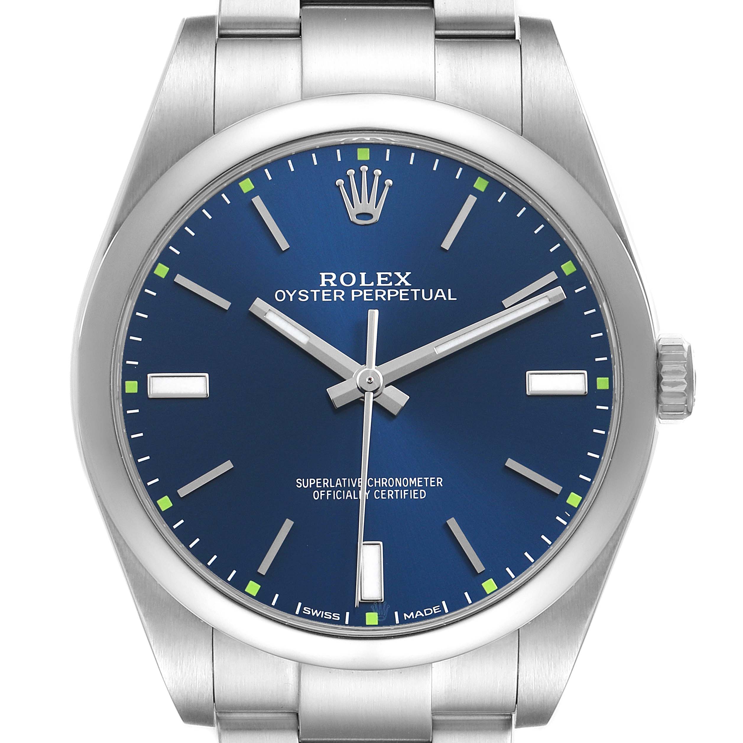 The image shows a front view of the Rolex Oyster Perpetual 114300 Men's Stainless Steel Blue Dial, highlighting its blue dial, hour markers, and stainless steel bracelet.