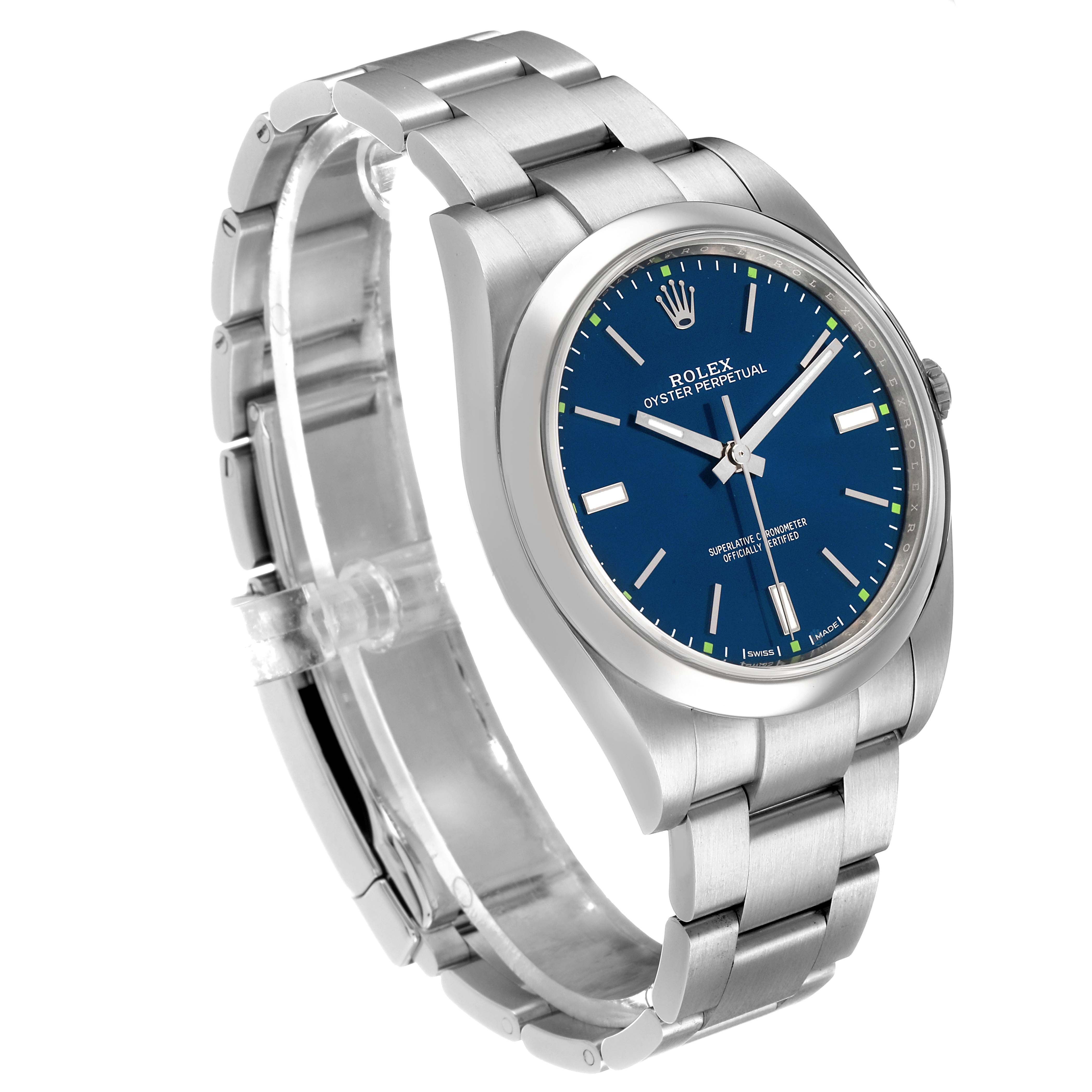 The Rolex Oyster Perpetual 114300 Men's Stainless Steel Blue Dial watch is shown at a three-quarter angle, highlighting the blue dial, bezel, and bracelet.