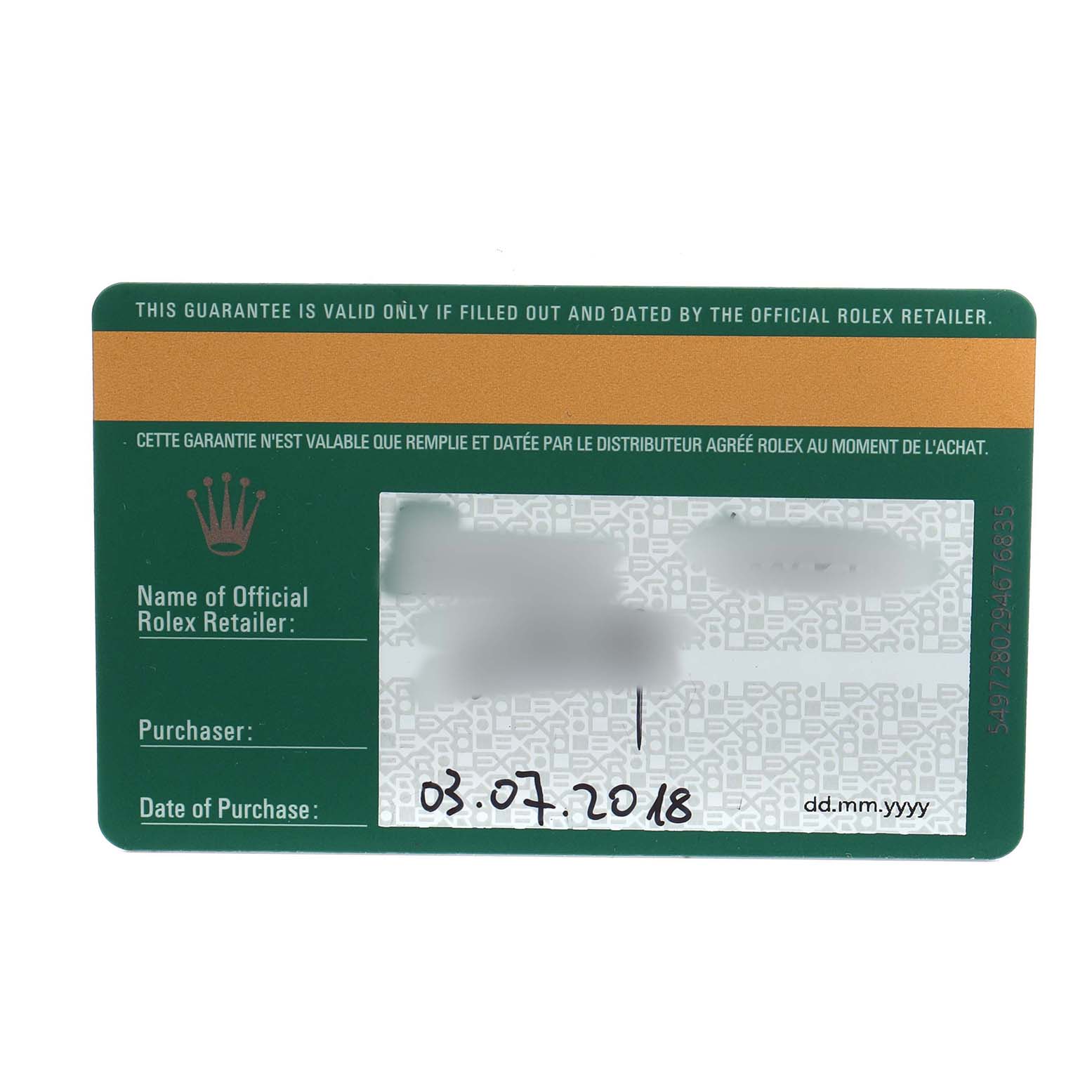 This image shows a warranty card for a Rolex Oyster Perpetual 114300 Men's Stainless Steel Blue Dial watch with retailer and purchase details.