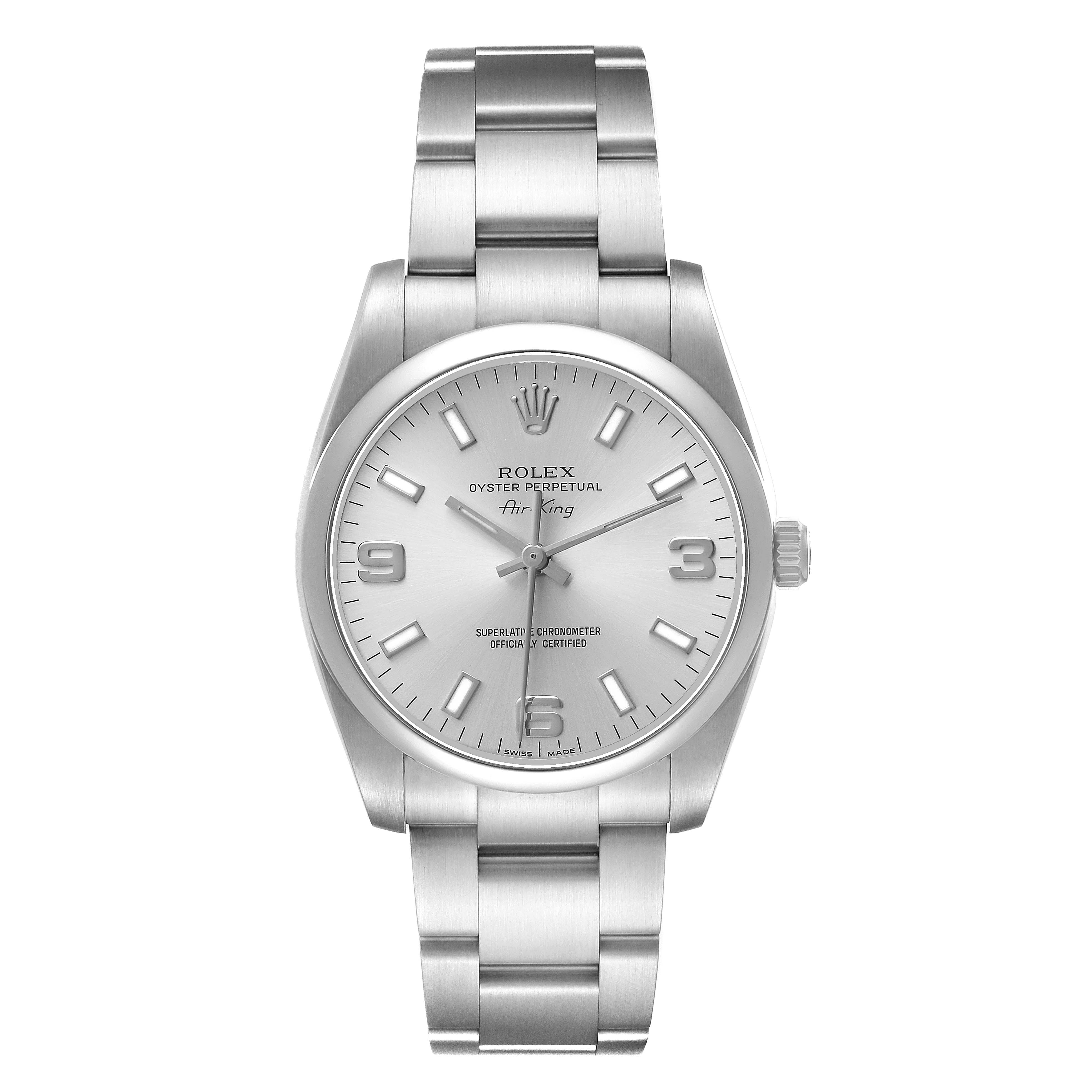 The Rolex Air-King 114200 Men's Stainless Steel Silver Dial watch is shown from a front angle, displaying the dial, case, and bracelet.
