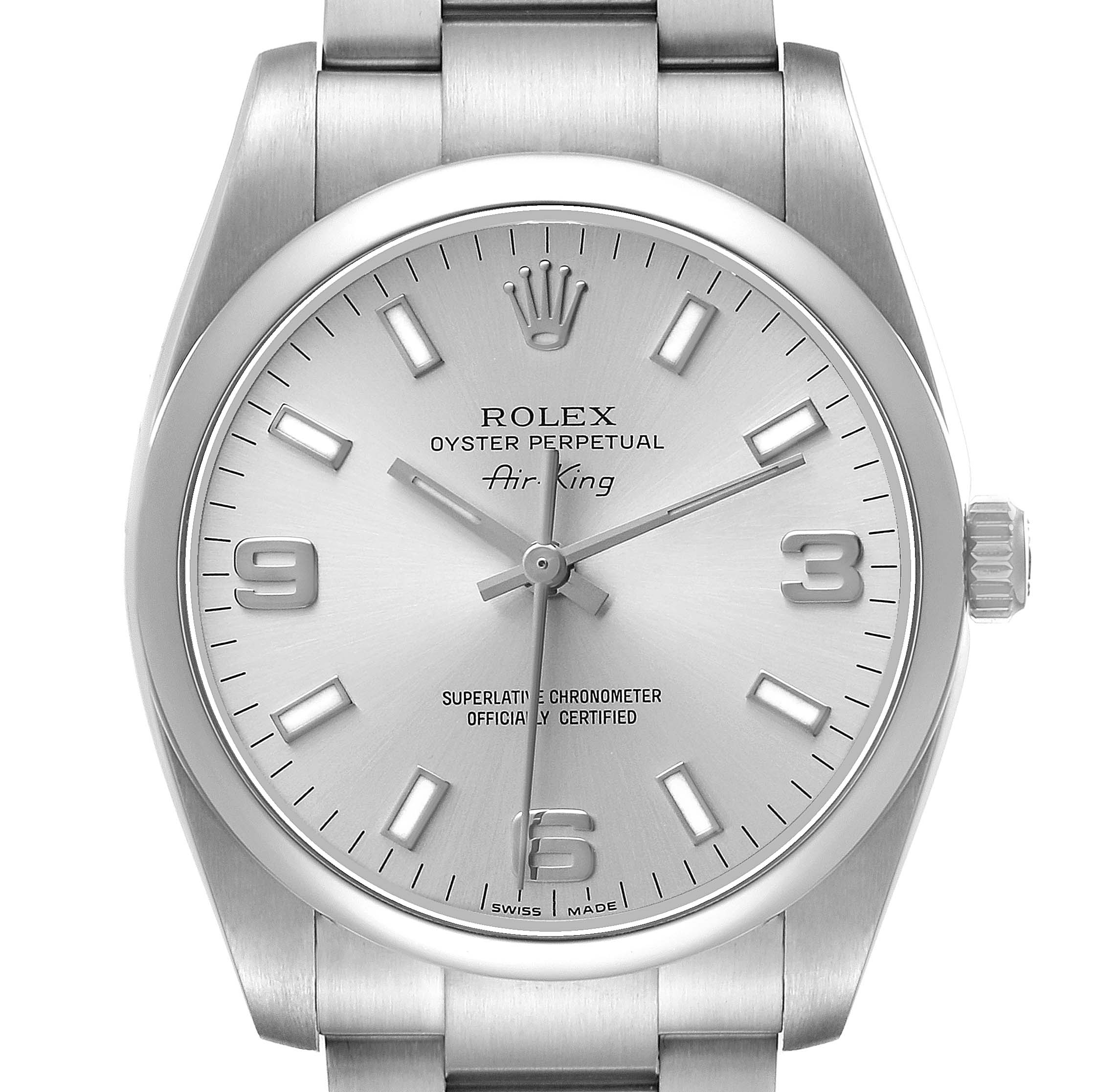 The image shows a front view of a Rolex Air-King 114200 Men's Stainless Steel Silver Dial watch, displaying the dial, markers, hands, and part of the bracelet.