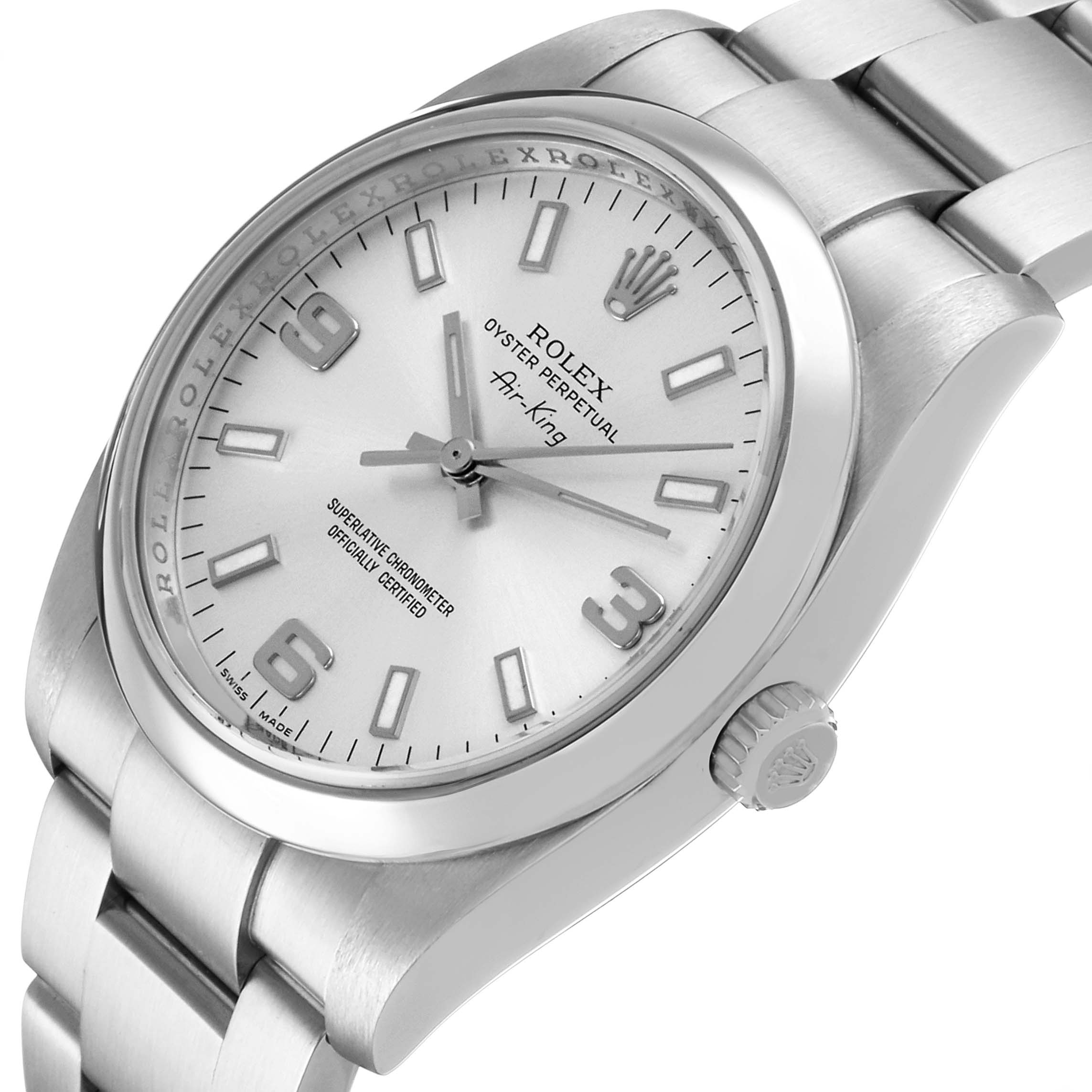 The Rolex Air-King 114200 Men's Stainless Steel Silver Dial watch is shown from a slightly angled side view, highlighting the face, bezel, crown, and bracelet.