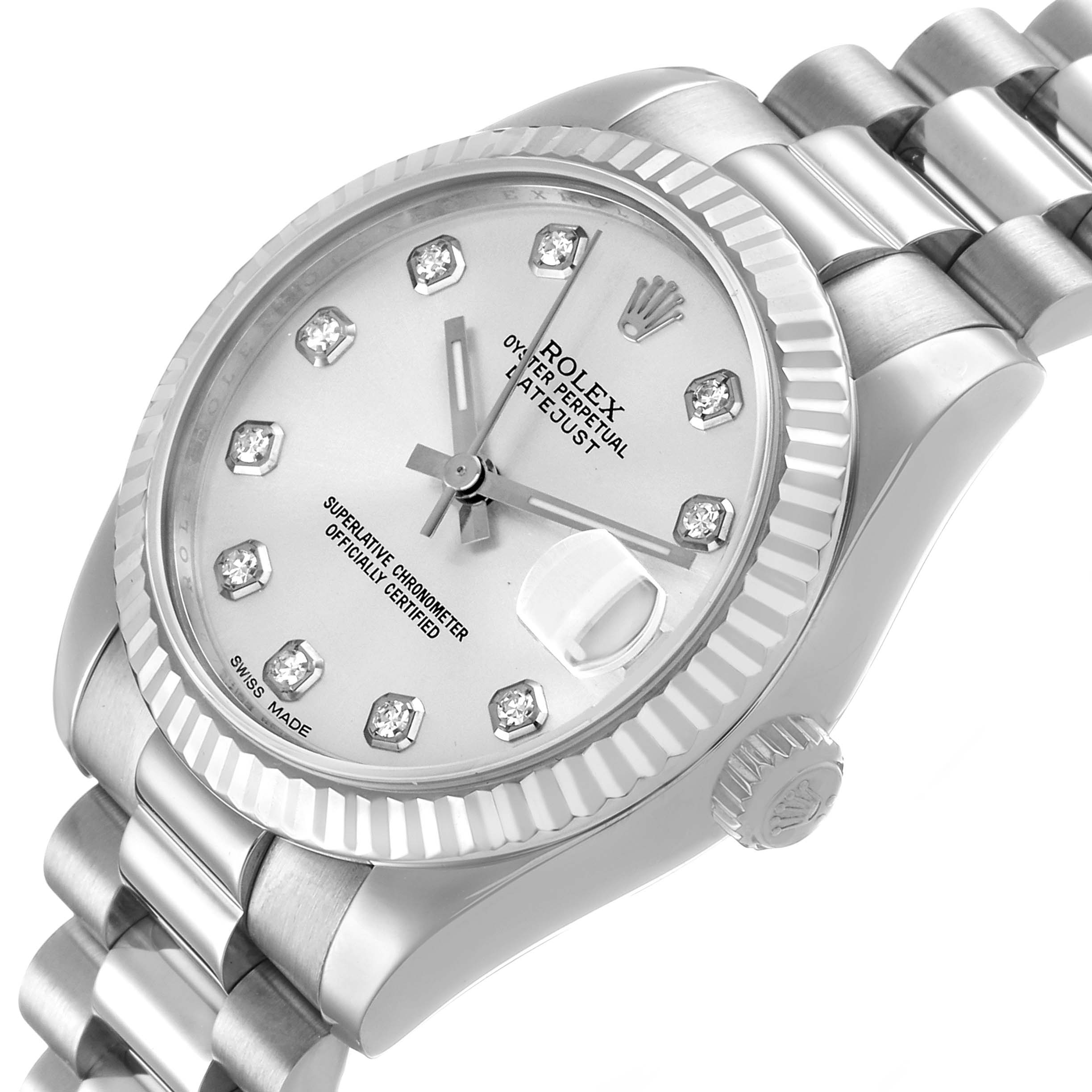 The Rolex President 178279 Women's White Gold Silver Dial watch is angled to show the dial, fluted bezel, bracelet, crown, and diamond hour markers.