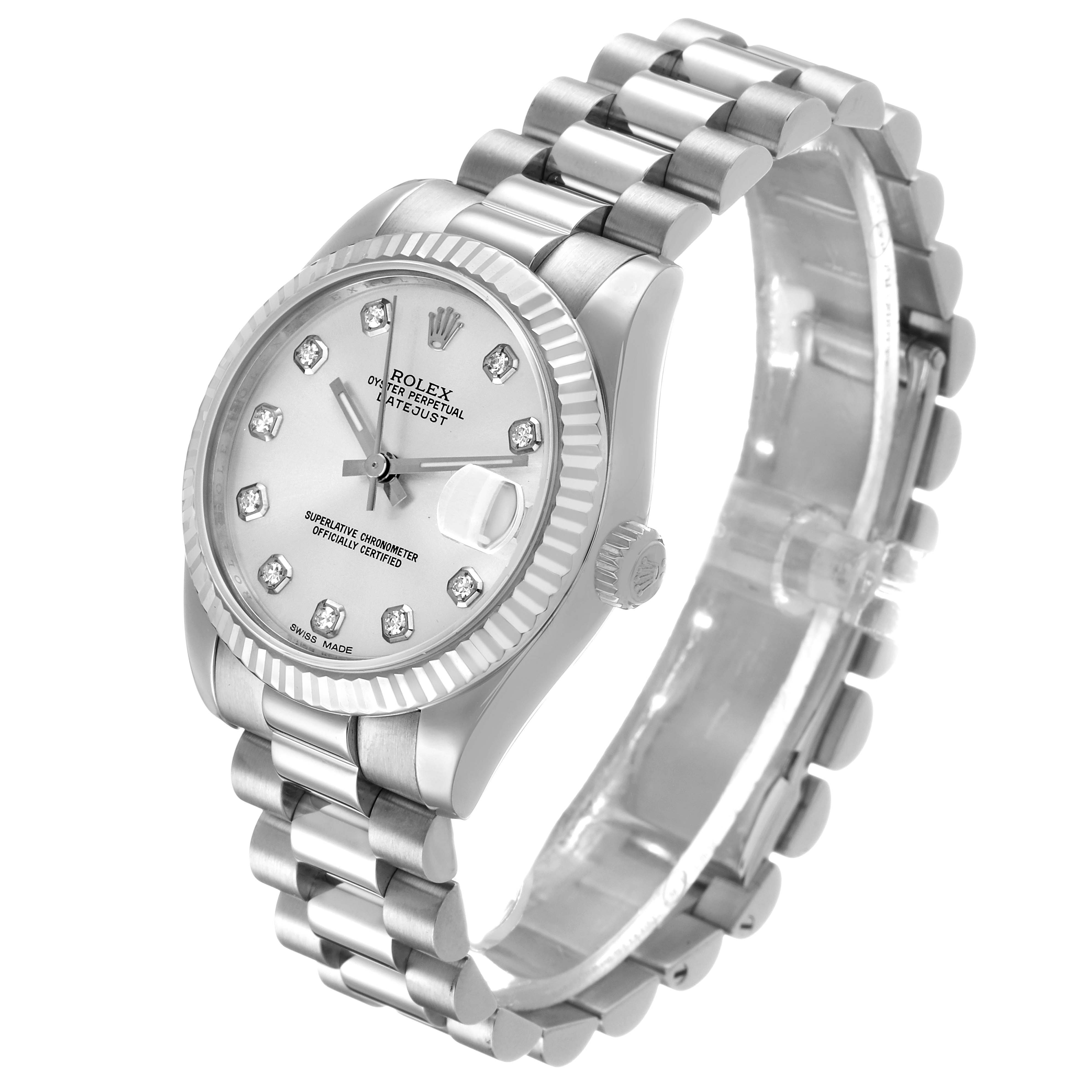 The Rolex President 178279 Women's White Gold Silver Dial watch is shown from a three-quarter angle, displaying the face, crown, and bracelet links.
