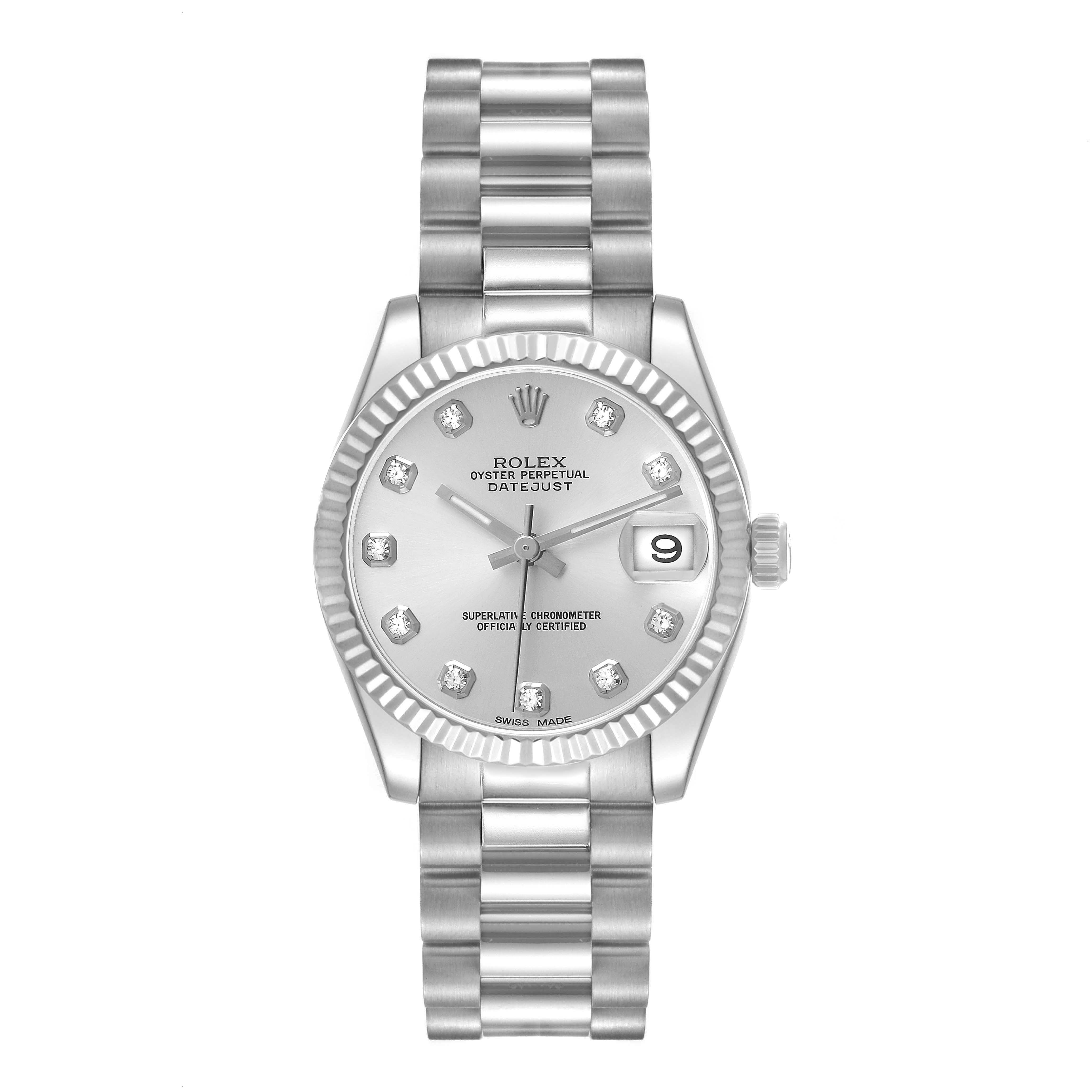 The Rolex President 178279 Women's White Gold Silver Dial watch is shown from a top view, displaying the dial, bezel, bracelet, and crown.