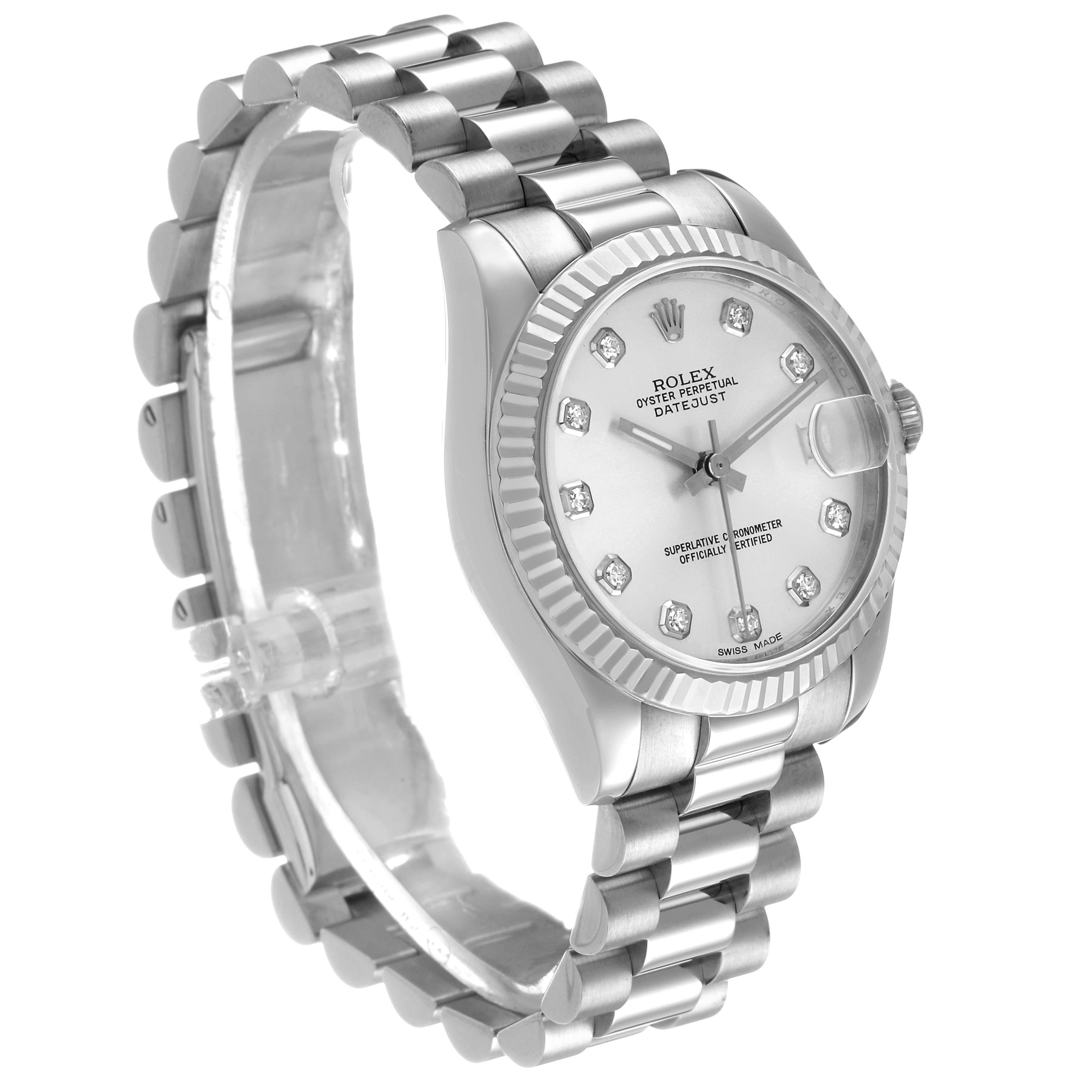 The Rolex President 178279 Women's White Gold Silver Dial watch is shown from a side angle, highlighting the face, bezel, and bracelet.