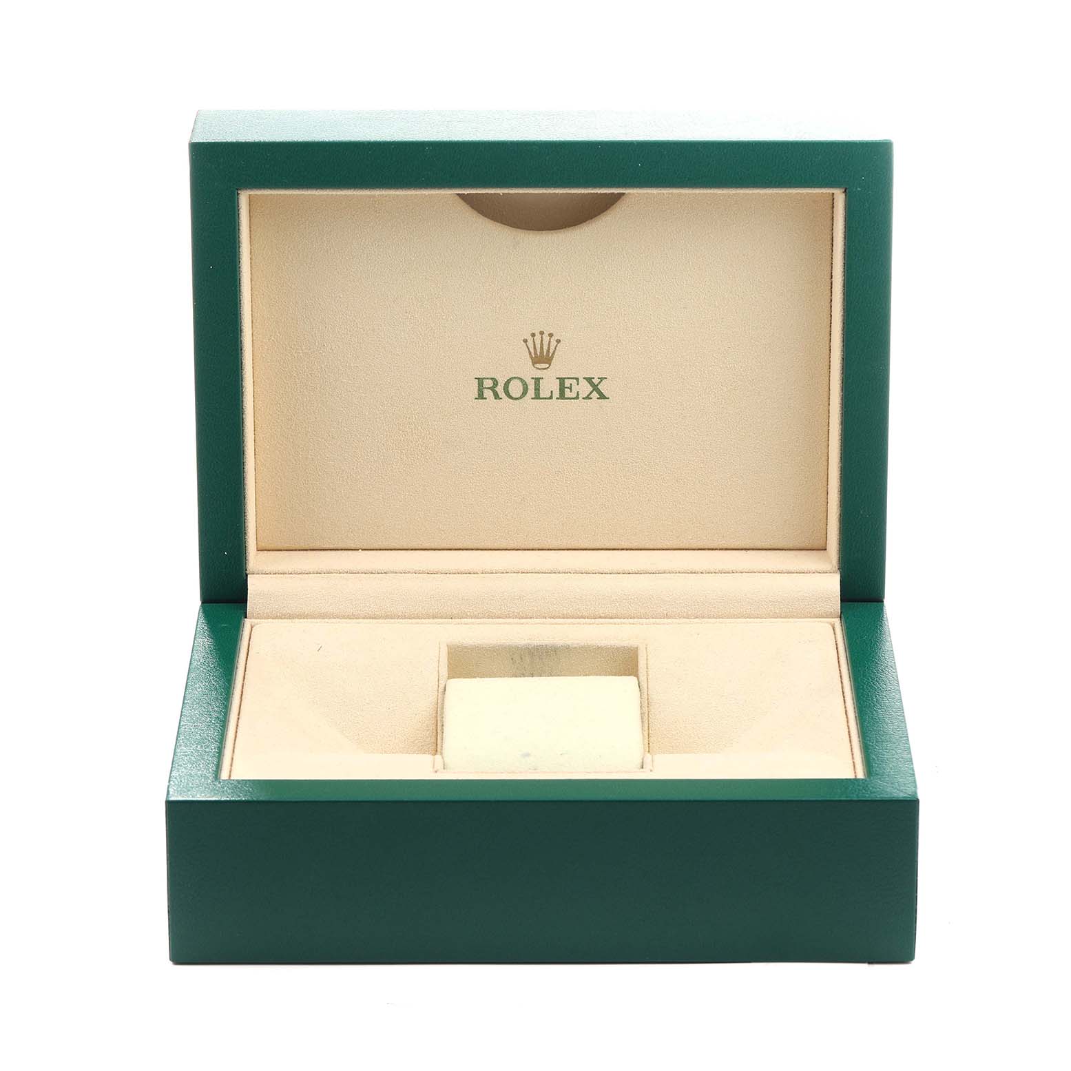 The image shows an open Rolex watch box for the President model, displaying the interior cushion and logo.