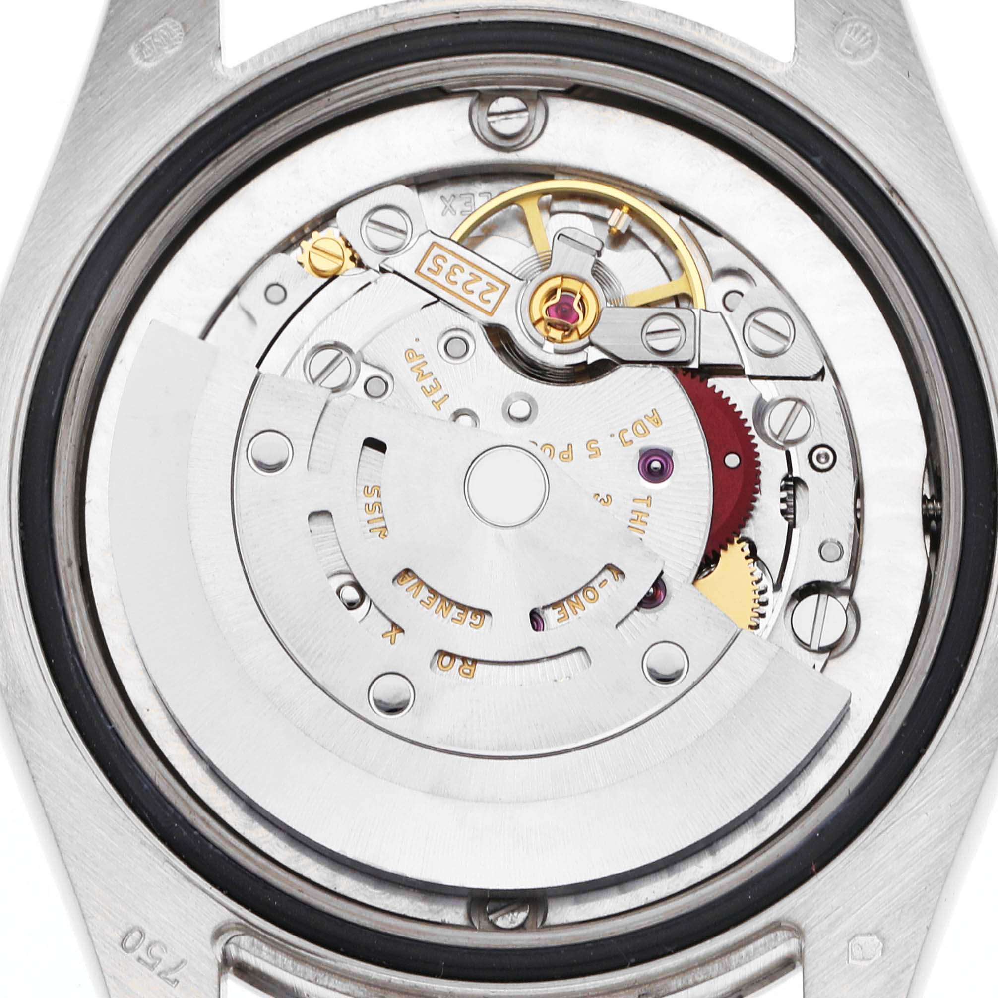 This image shows the inner mechanism of a Rolex President 178279 Women's White Gold Silver Dial model watch from a back angle, highlighting the movement components.