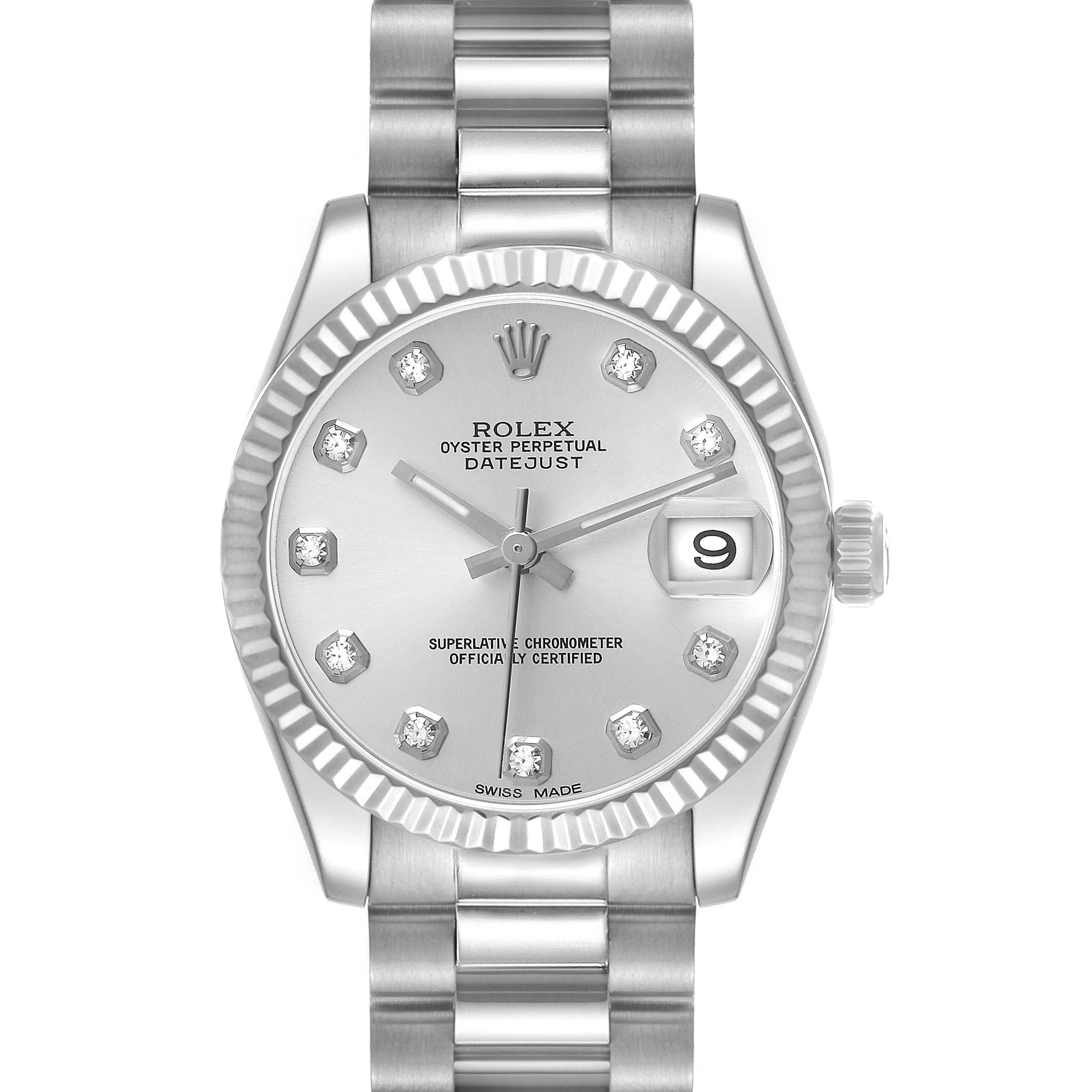 The Rolex President 178279 Women's White Gold Silver Dial model is shown from a top view highlighting the dial, bezel, crown, and bracelet.