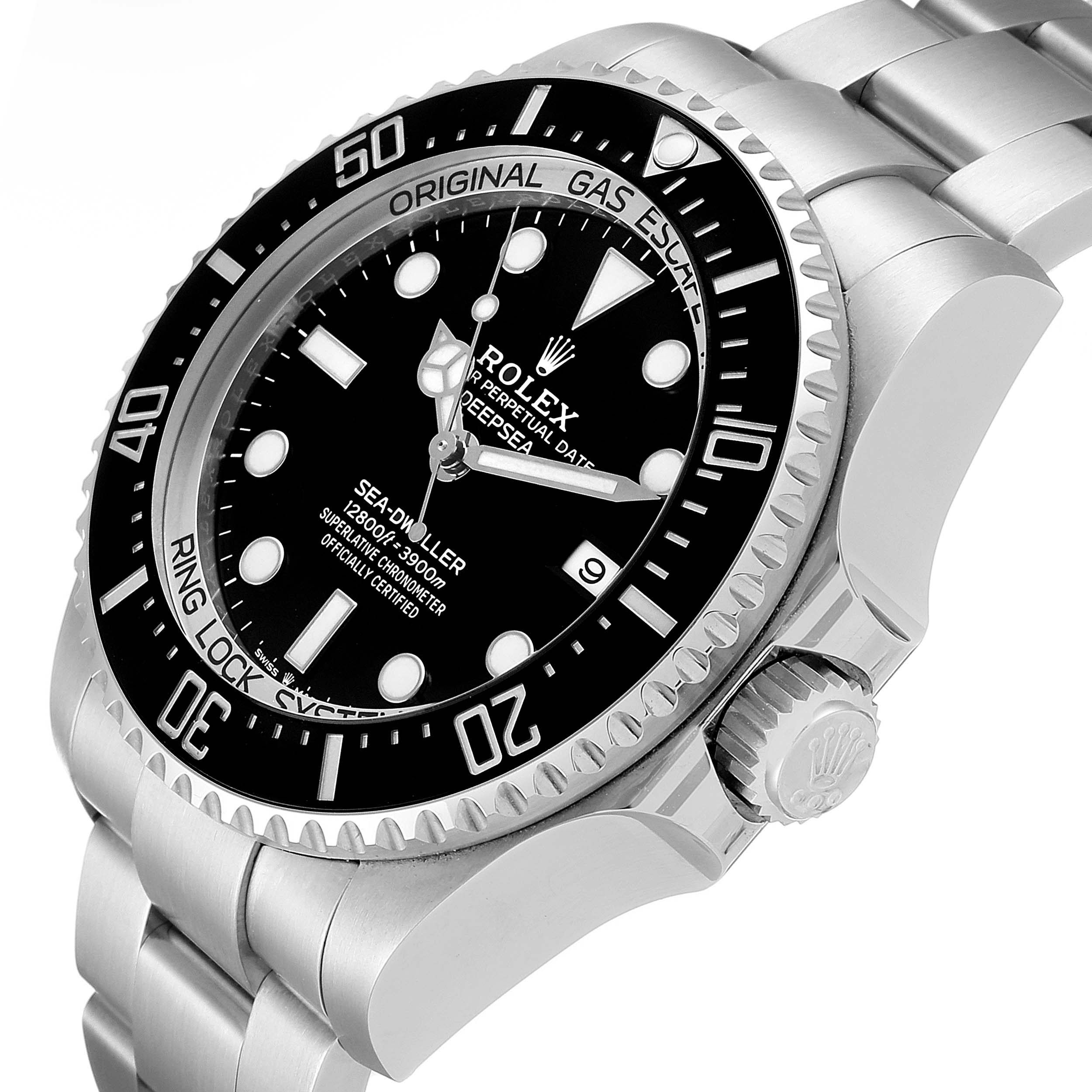 The image shows a close-up angled view of a Rolex Sea-Dweller 126660 Men
s Stainless Steel Black Dial 126660 Men
s Stainless Steel Black Dial watch, highlighting the bezel, dial, crown, and part of the bracelet.