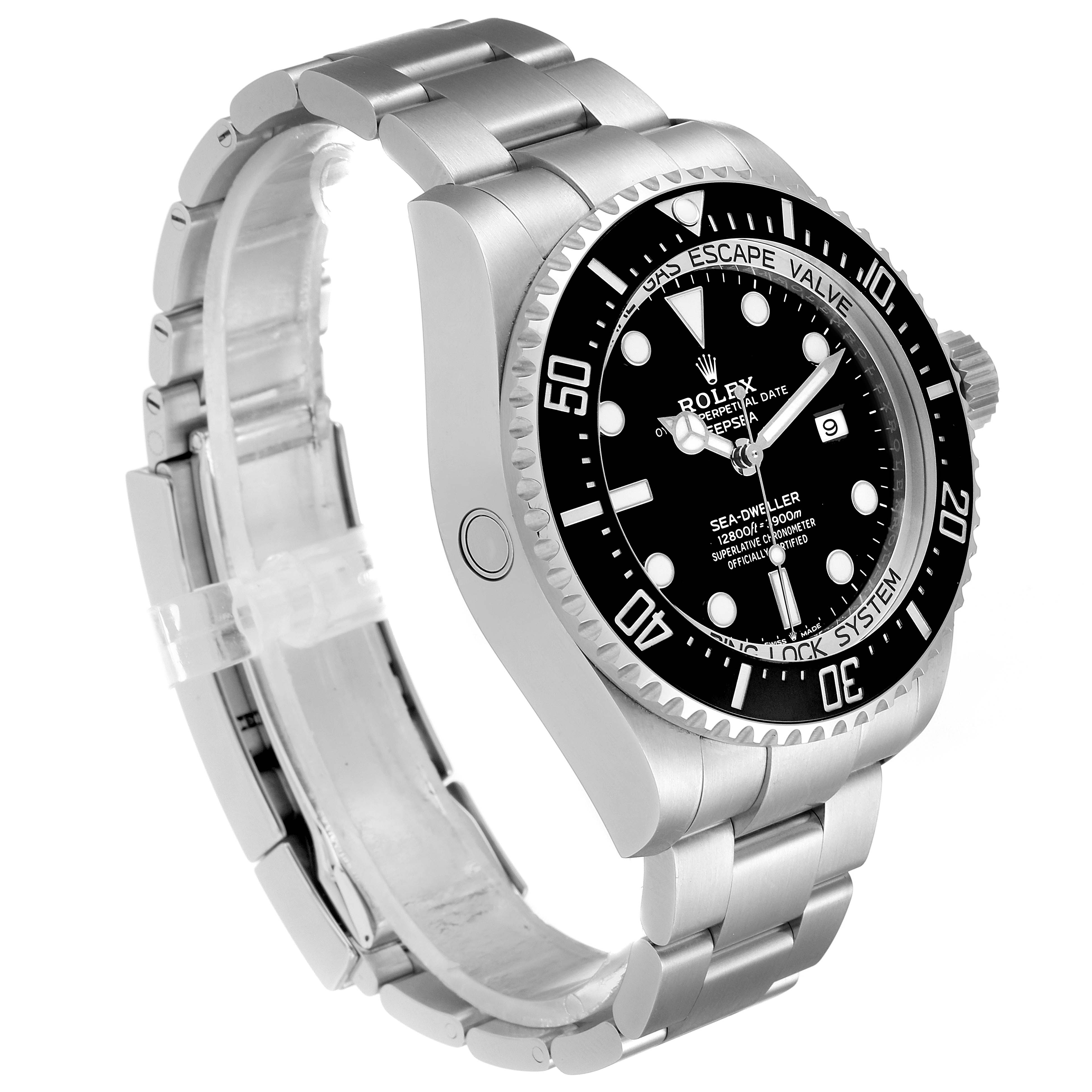 The image shows a Rolex Sea-Dweller 126660 Men
s Stainless Steel Black Dial 126660 Men
s Stainless Steel Black Dial watch at a three-quarter angle, highlighting the face, bezel, crown, and stainless steel bracelet.
