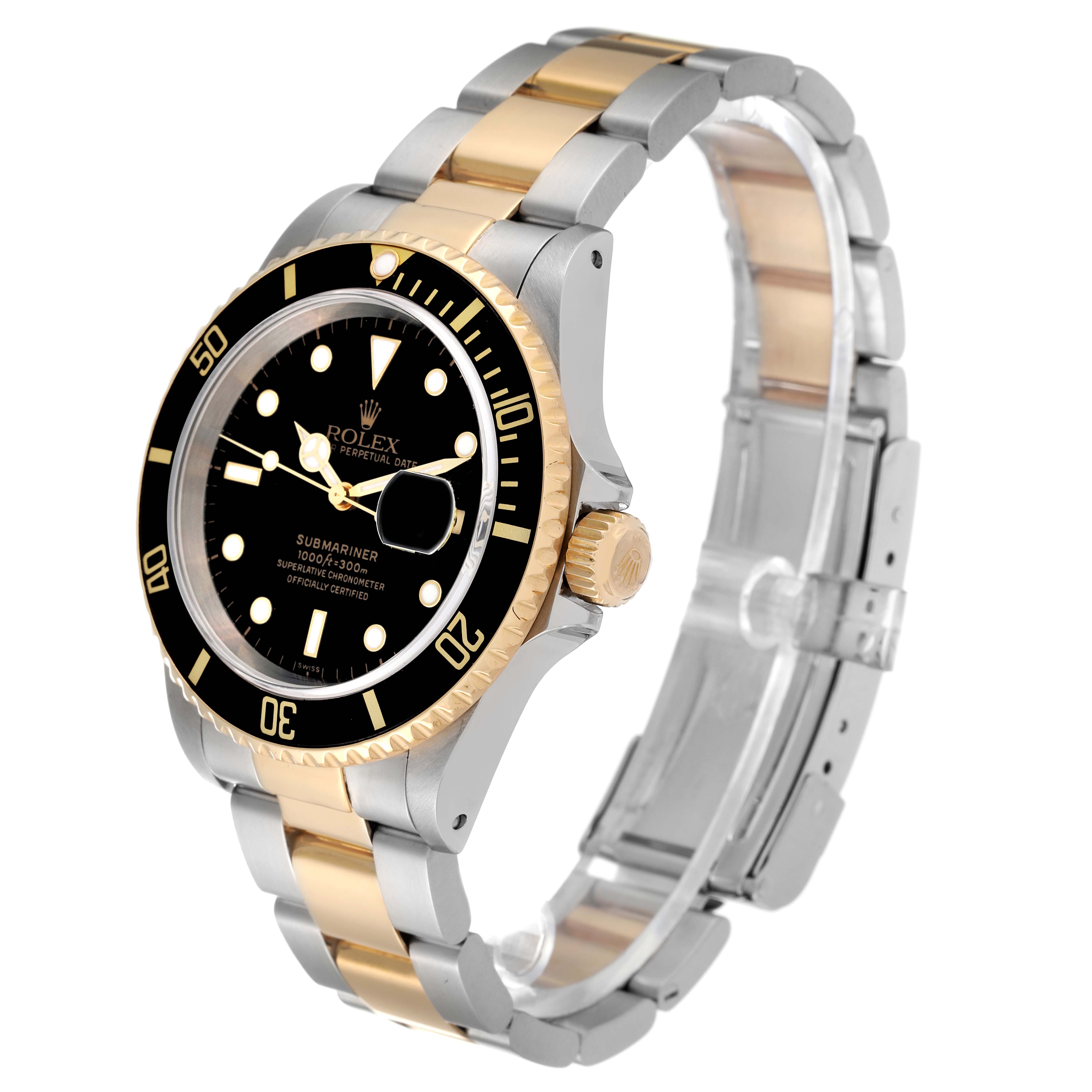 This image shows a Rolex Submariner 16613 Men
s Steel and Gold (two tone) Black Dial 16613 Men
s Steel and Gold (two tone) Black Dial watch from an angled view, highlighting its black bezel, black dial, and gold and stainless steel bracelet.