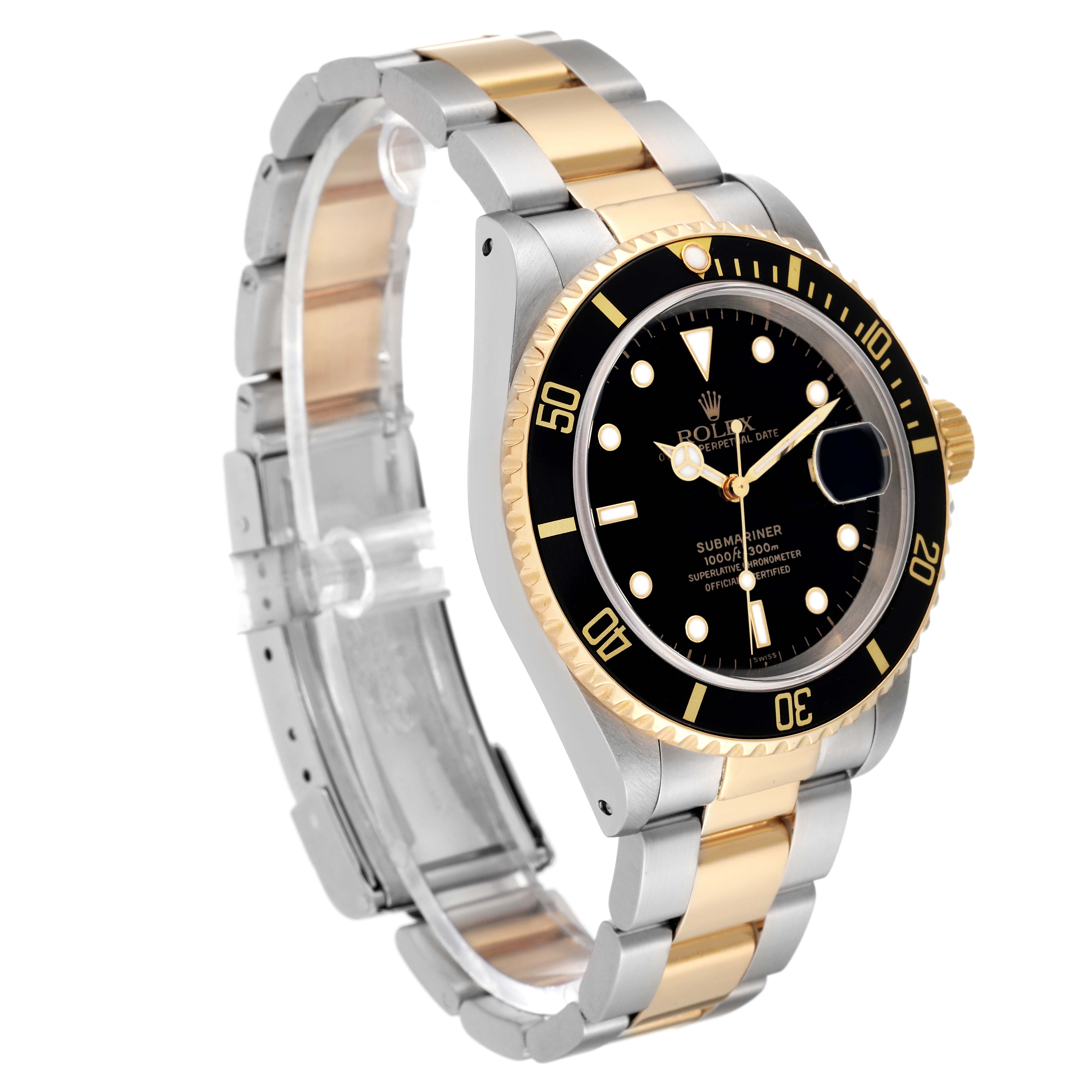 The Rolex Submariner 16613 Men
s Steel and Gold (two tone) Black Dial 16613 Men
s Steel and Gold (two tone) Black Dial watch is shown at a slight angle, highlighting the dial, bezel, bracelet, and case.