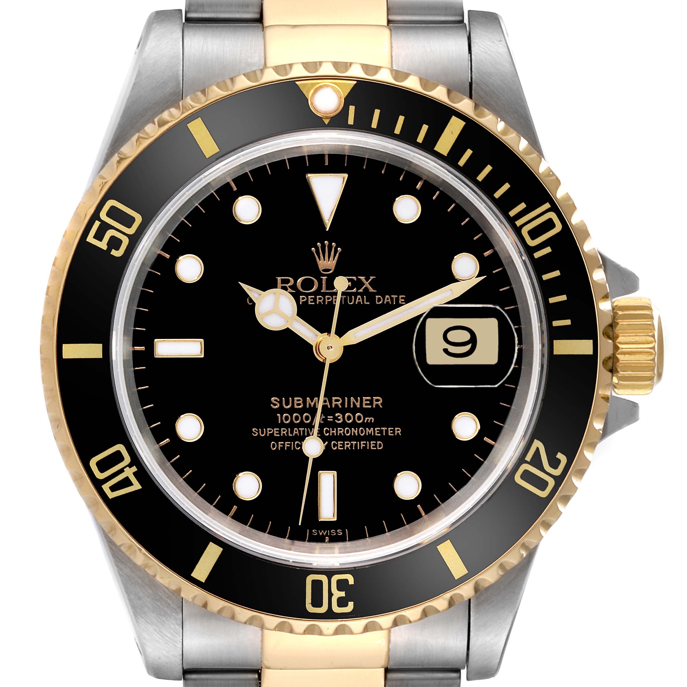 This image shows a front view of a Rolex Submariner 16613 Men
s Steel and Gold (two tone) Black Dial 16613 Men
s Steel and Gold (two tone) Black Dial watch, displaying its black dial, date window, and two-tone bezel and bracelet.