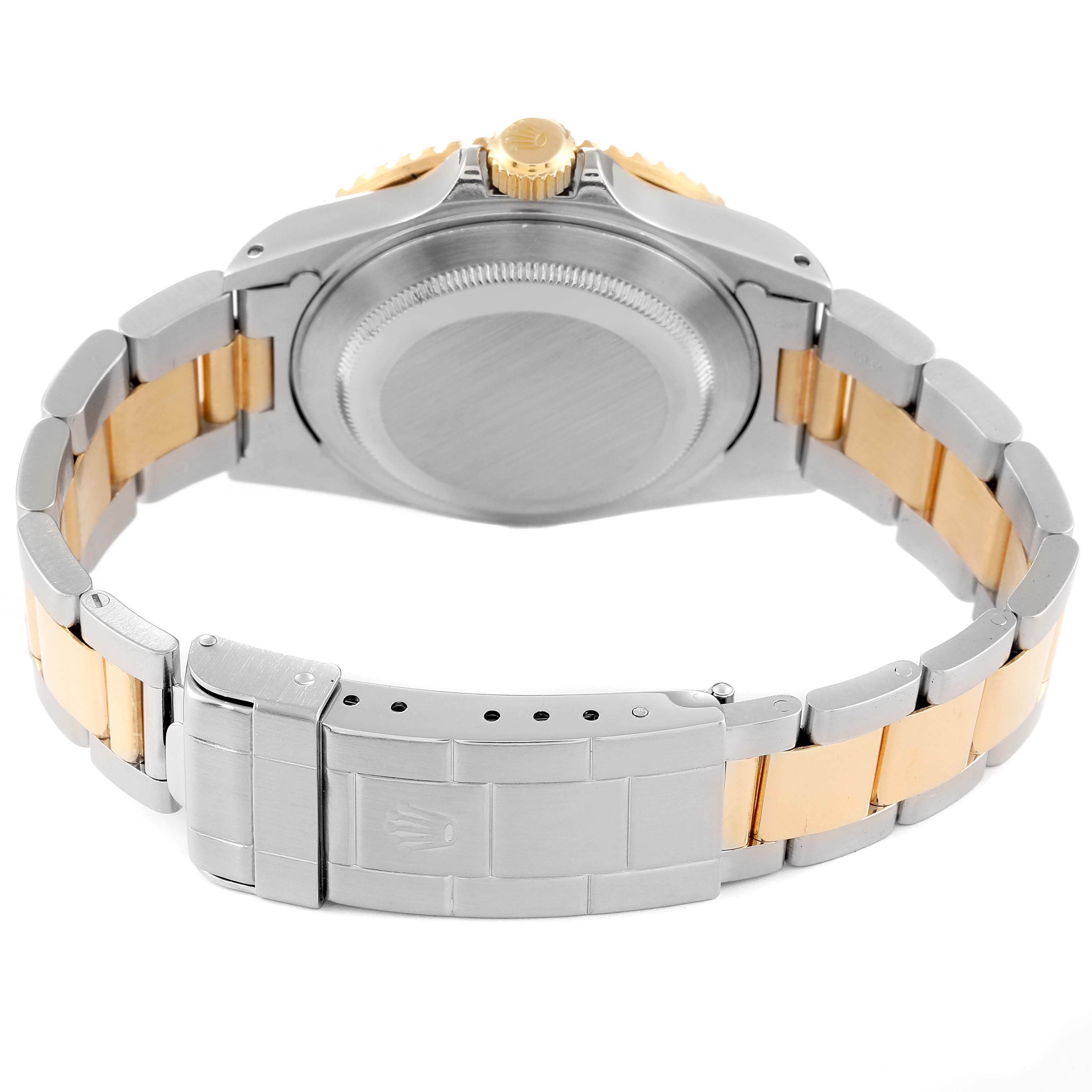 The image shows the back case, bracelet, and clasp of a Rolex Submariner 16613 Men
s Steel and Gold (two tone) Black Dial 16613 Men
s Steel and Gold (two tone) Black Dial watch at a rear angle.
