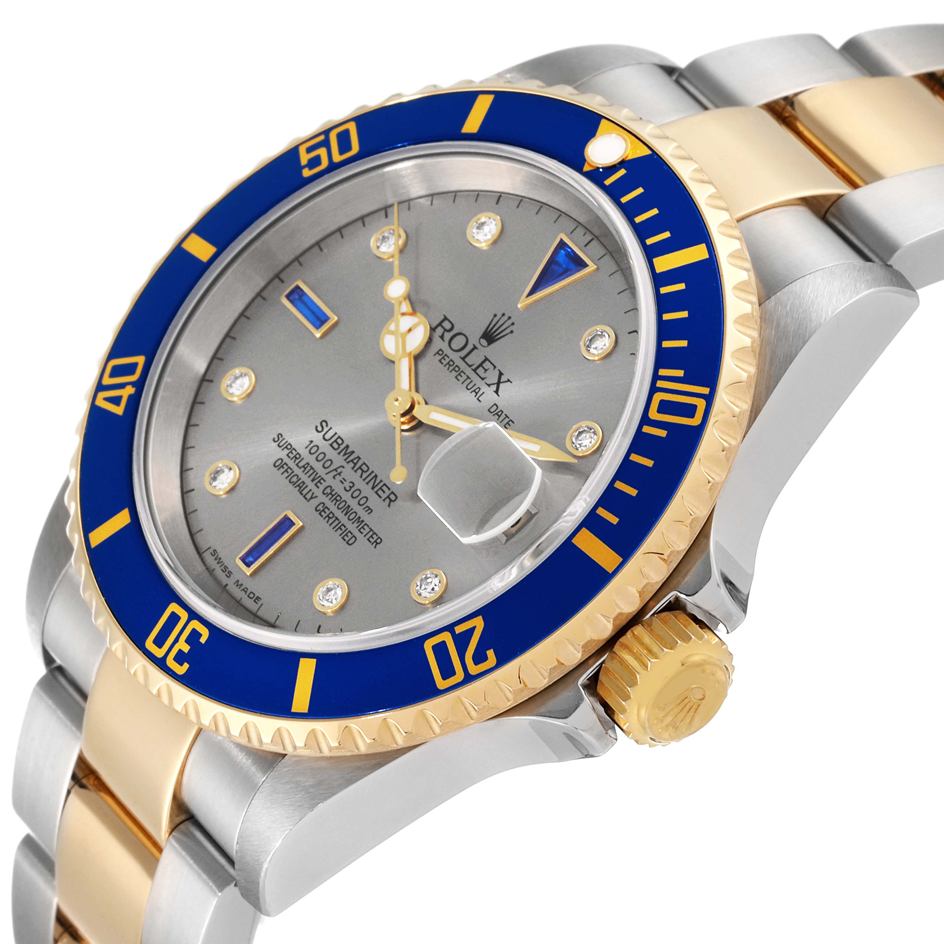 The image shows a side angle of the Rolex Submariner 16613T Men's Steel and Gold (two tone) Grey Dial 16613T Men's Steel and Gold (two tone) Grey Dial watch, highlighting the dial, bezel, crown, and part of the bracelet.
