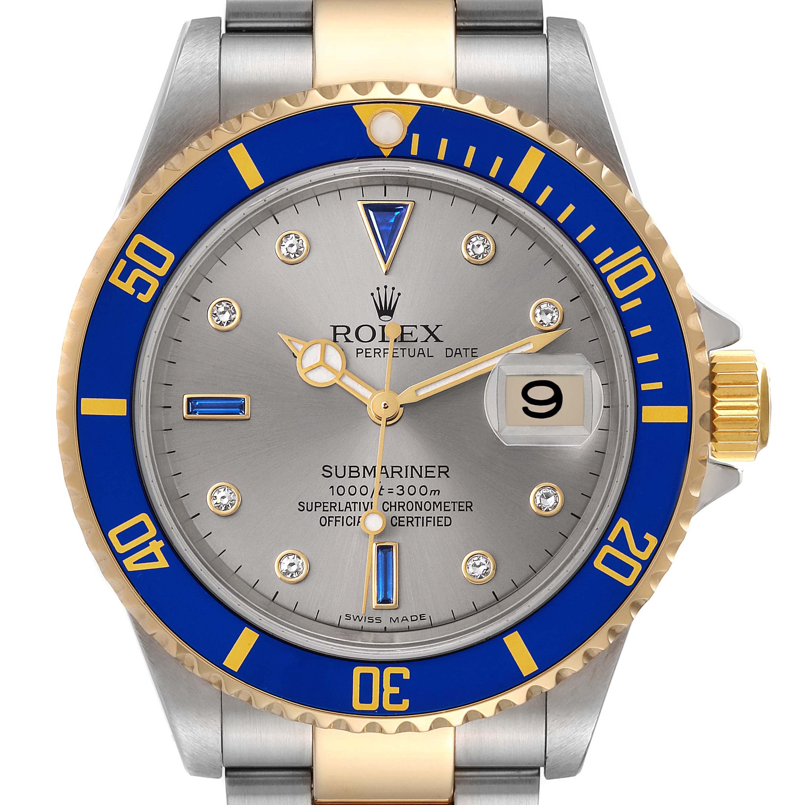 This image shows the front view of a Rolex Submariner 16613T Men's Steel and Gold (two tone) Grey Dial 16613T Men's Steel and Gold (two tone) Grey Dial watch, highlighting the dial, bezel, and part of the bracelet.