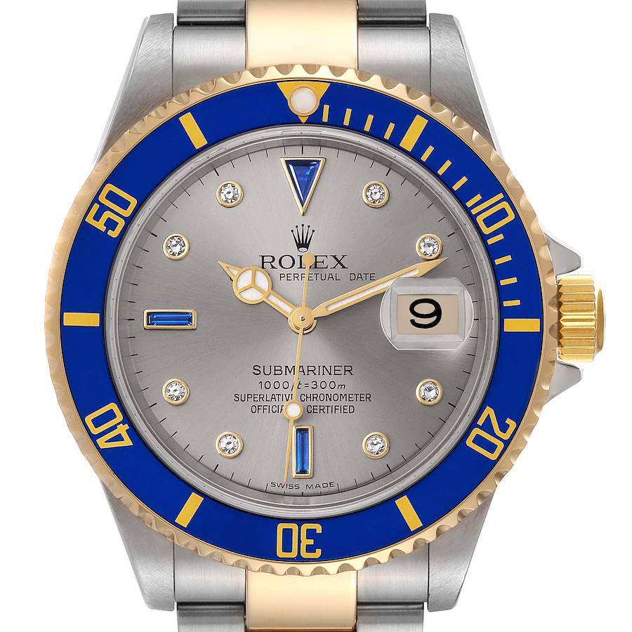 Rolex Submariner Steel Yellow Gold Diamond Sapphire Serti Dial Watch 16613 SwissWatchExpo