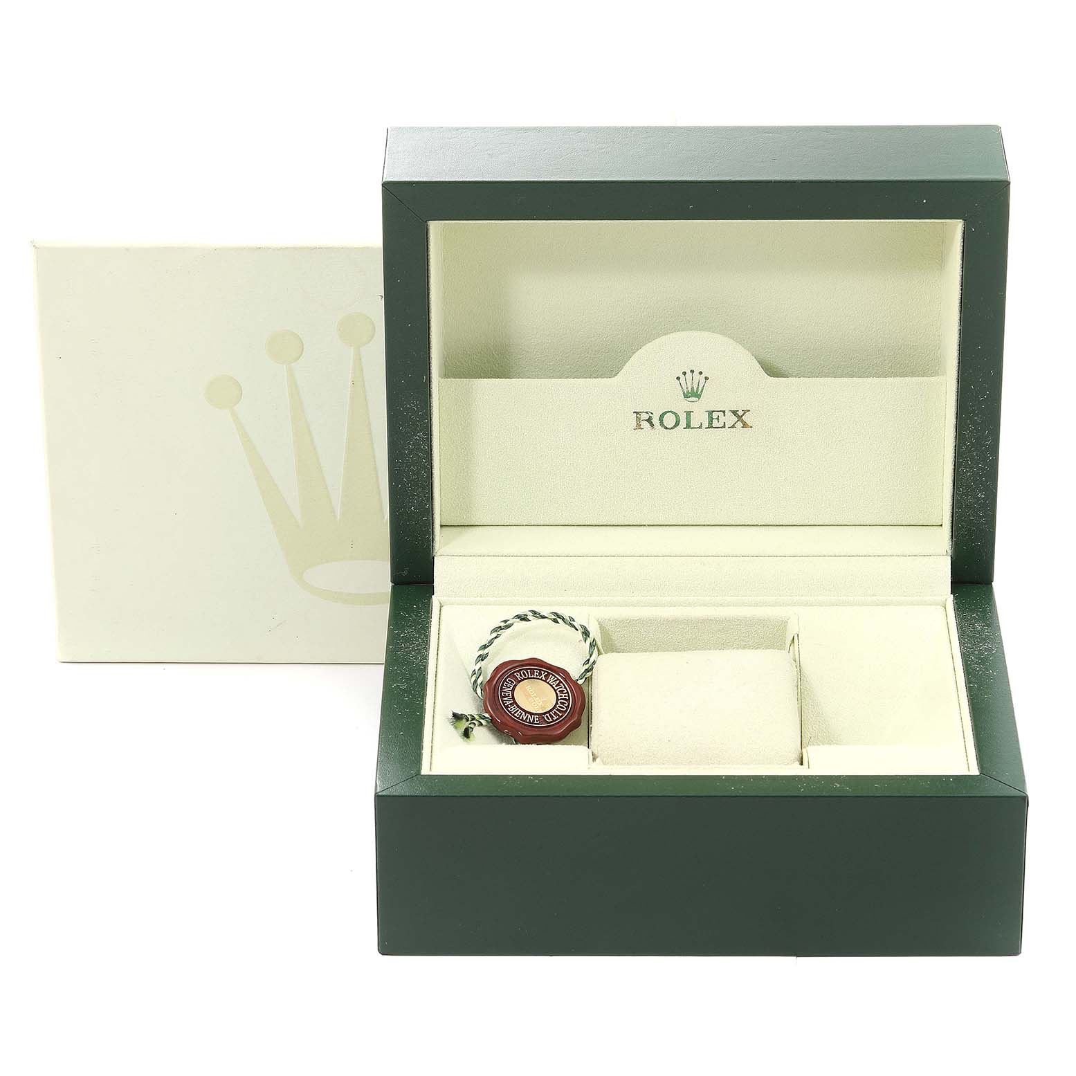 The image shows an open green Rolex box with a Submariner model watch tag and spaces for the watch and accessories.
