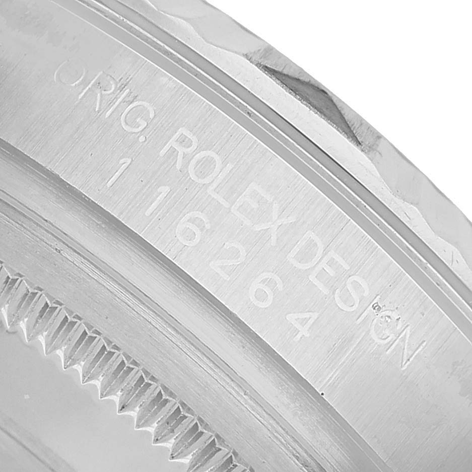 The image shows a close-up view of the caseback edge with engraved details of the Rolex Turn-o-Graph 116264 Men's Stainless Steel Yellow Dial model.