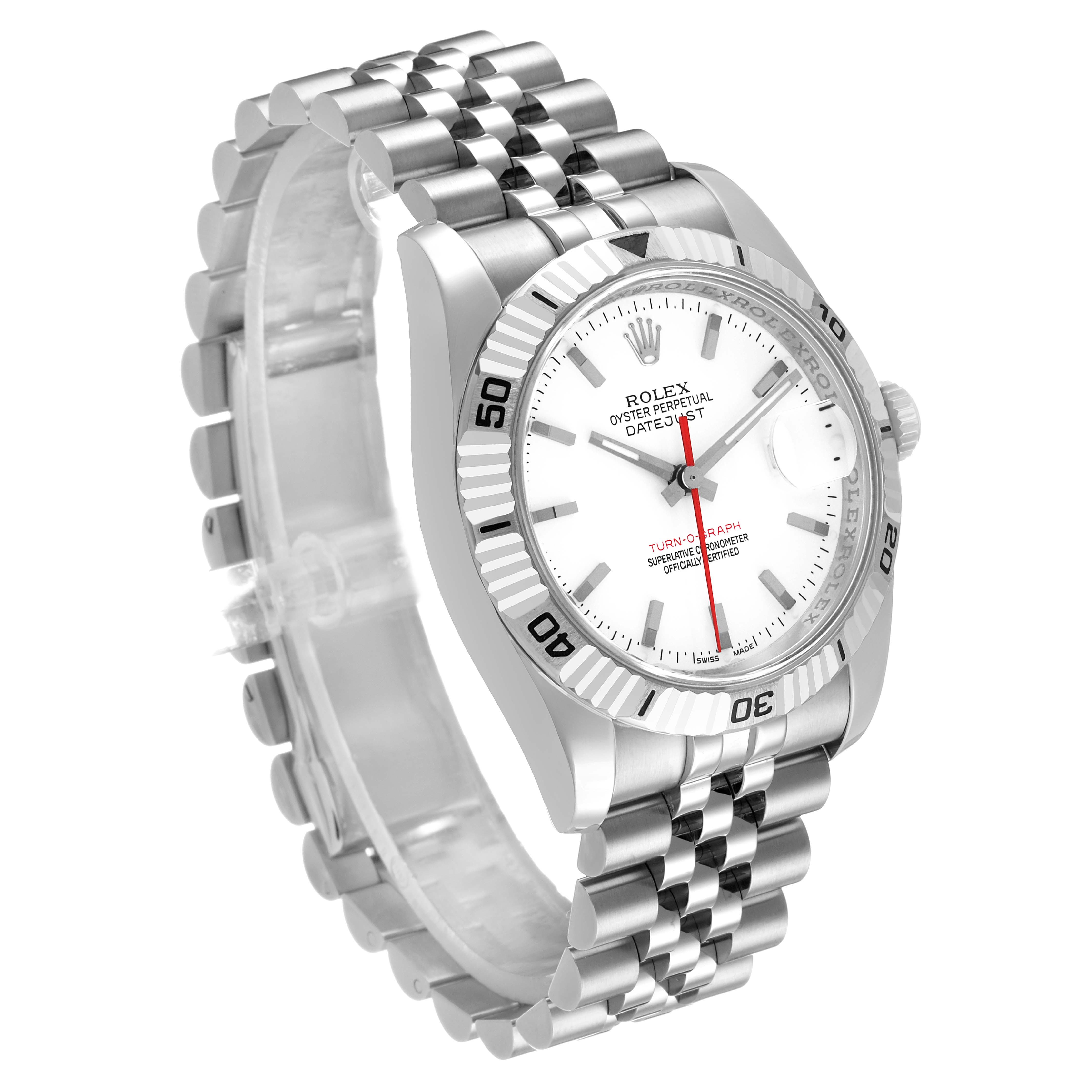 The Rolex Turn-o-Graph 116264 Men's Stainless Steel Yellow Dial watch is shown at a three-quarter angle, highlighting the face, bezel, and bracelet.