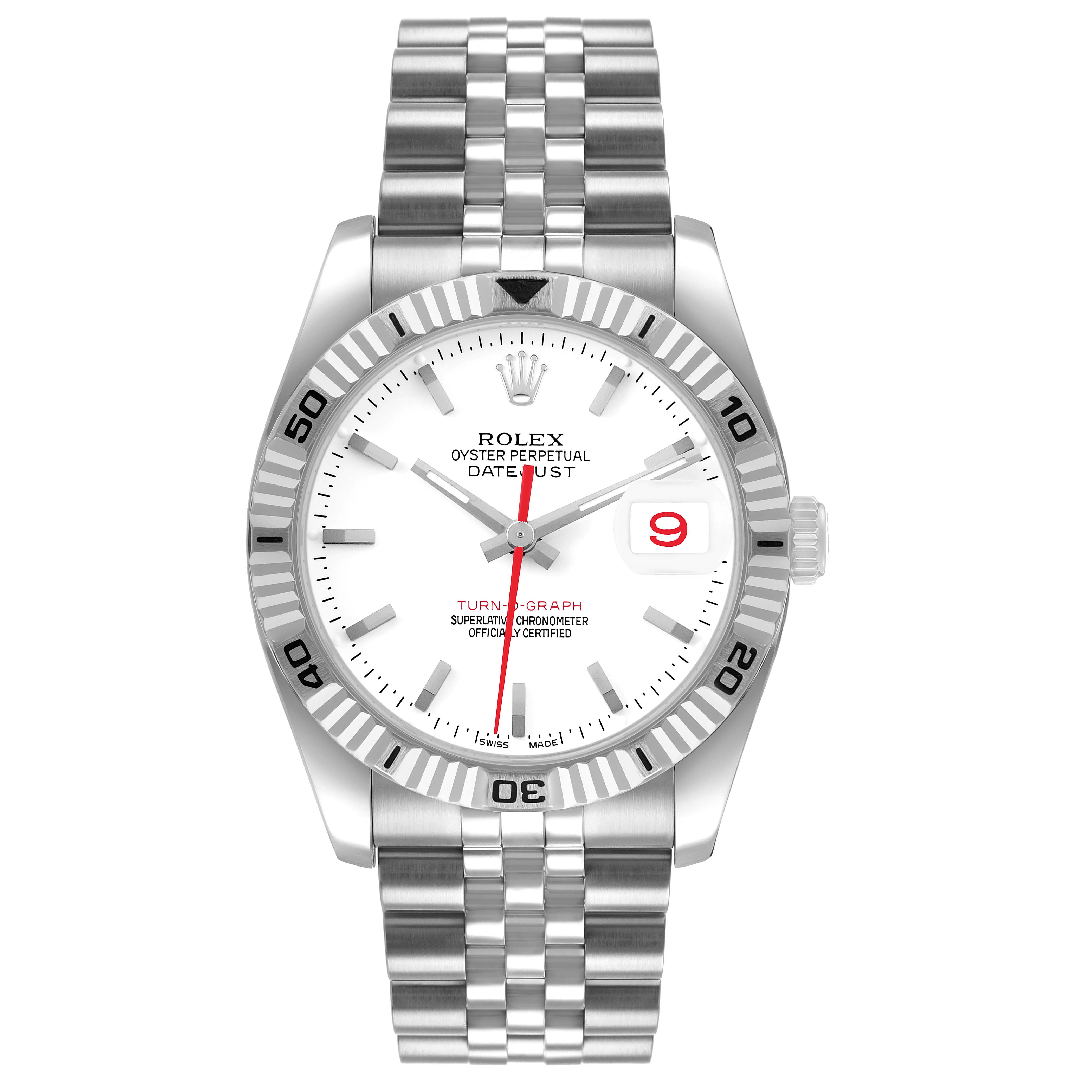 The Rolex Turn-o-Graph 116264 Men's Stainless Steel Yellow Dial watch is shown from a straight-on angle, highlighting the face, bezel, and stainless steel bracelet.