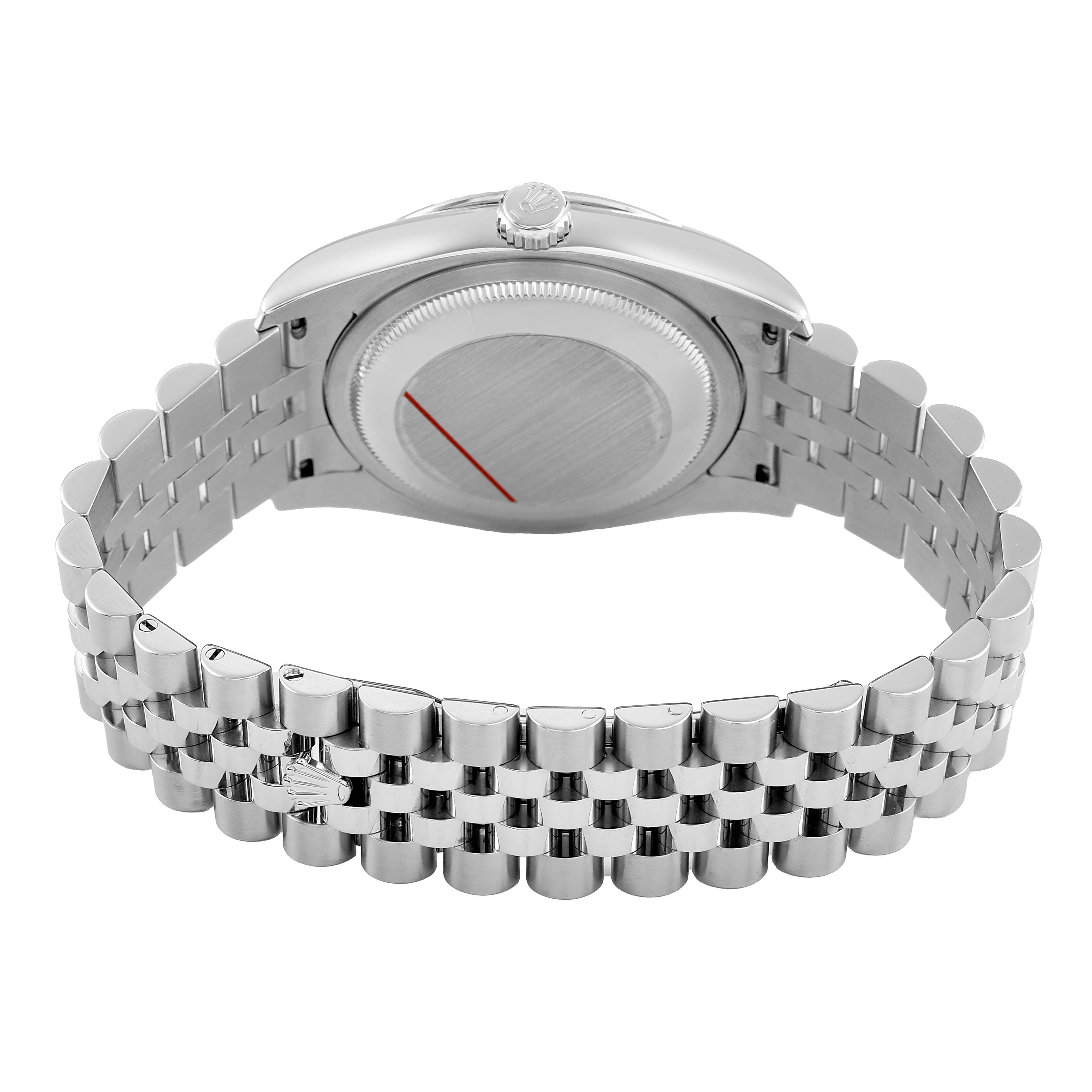 The image shows the back view of a Rolex Turn-o-Graph 116264 Men's Stainless Steel Yellow Dial, highlighting the case back and bracelet.